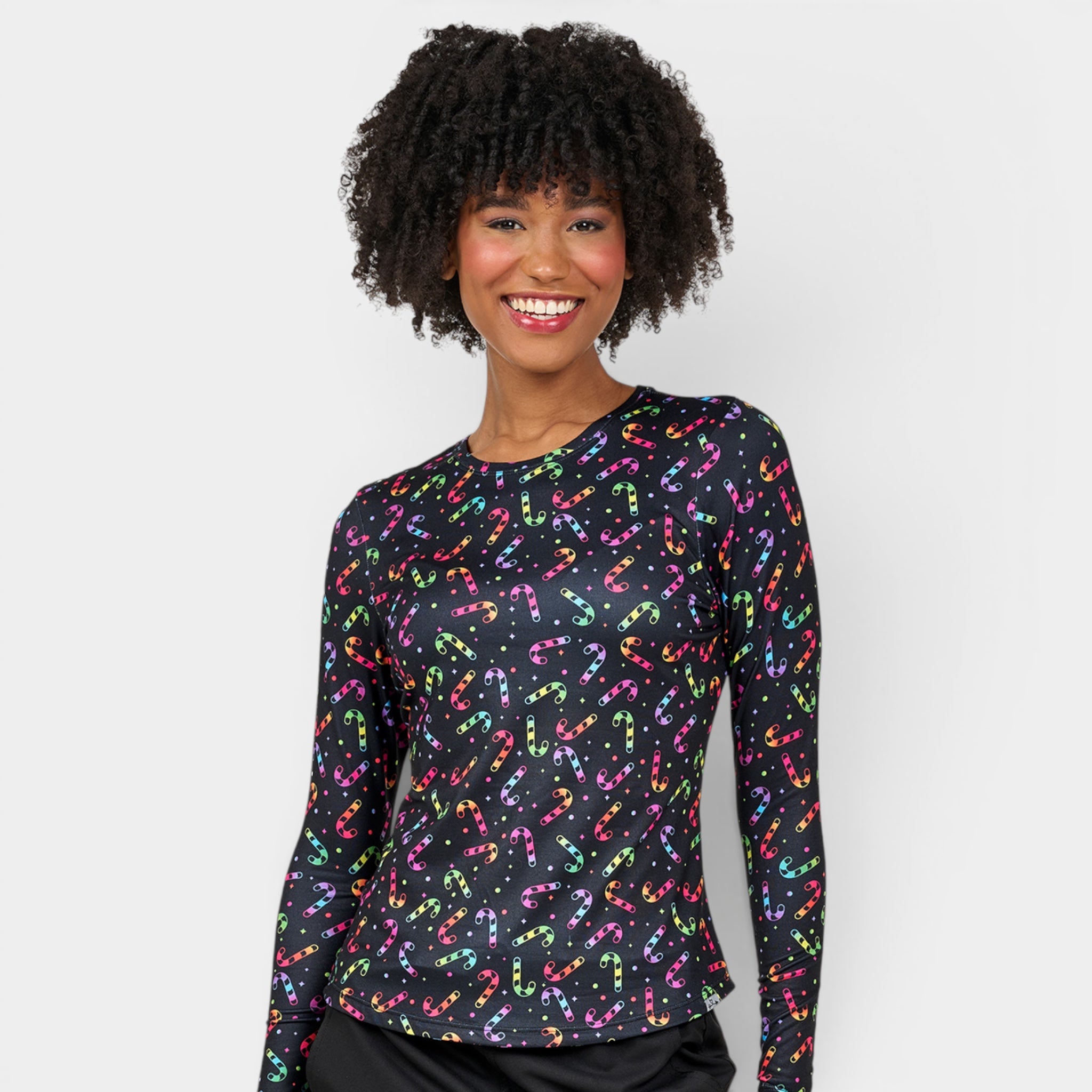 Bright Candy Canes Women's Long Sleeve Knit Underscrub