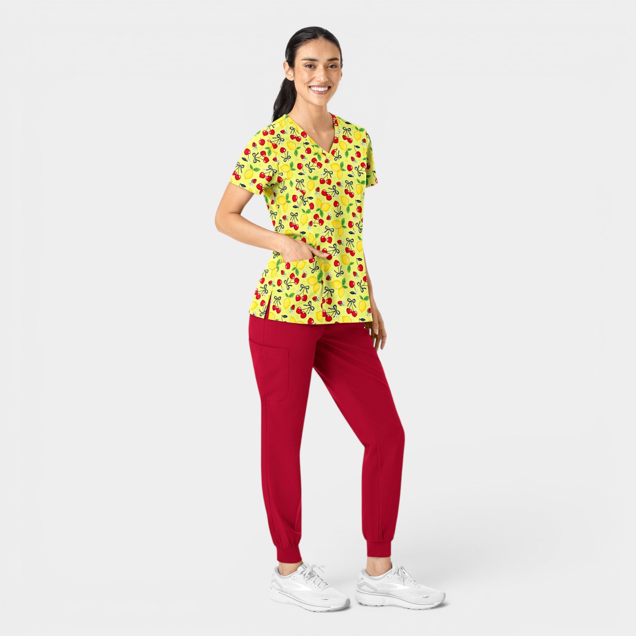 Women's Curved V-Neck Print Top Cherry Berry Lemonade | 1797-CBYL