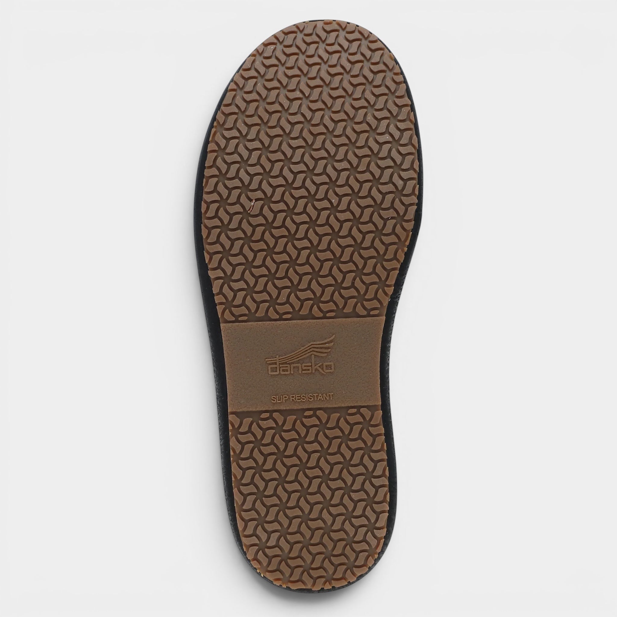 Read's Uniforms PlatformPro Black Burnished Nubuck clog sole with slip-resistant rubber tread and Dansko logo.