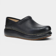 Read's Uniforms PlatformPro Black Burnished Nubuck clog with a thick platform sole and white stitching detail.