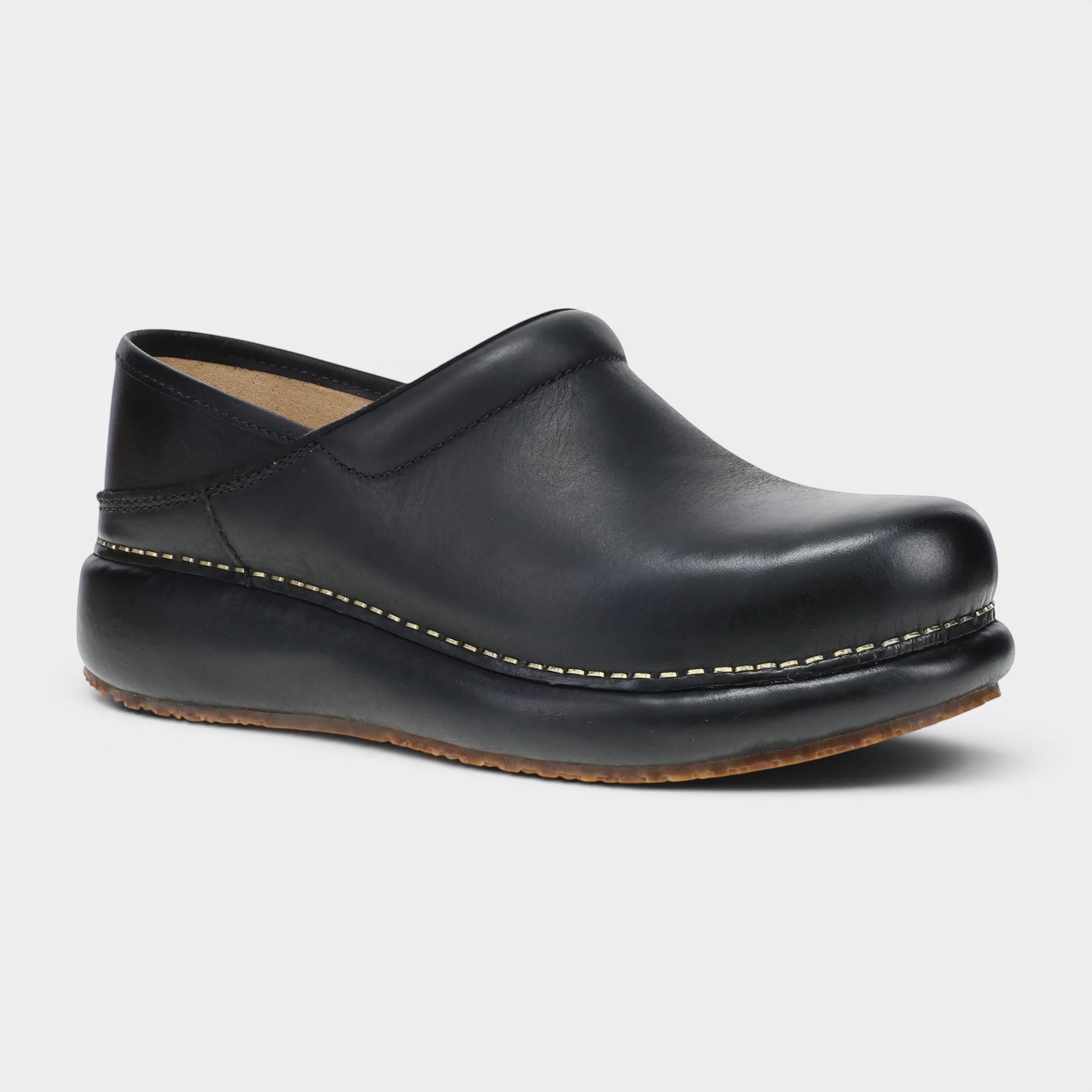 Read's Uniforms PlatformPro Black Burnished Nubuck clog with a thick platform sole and white stitching detail.