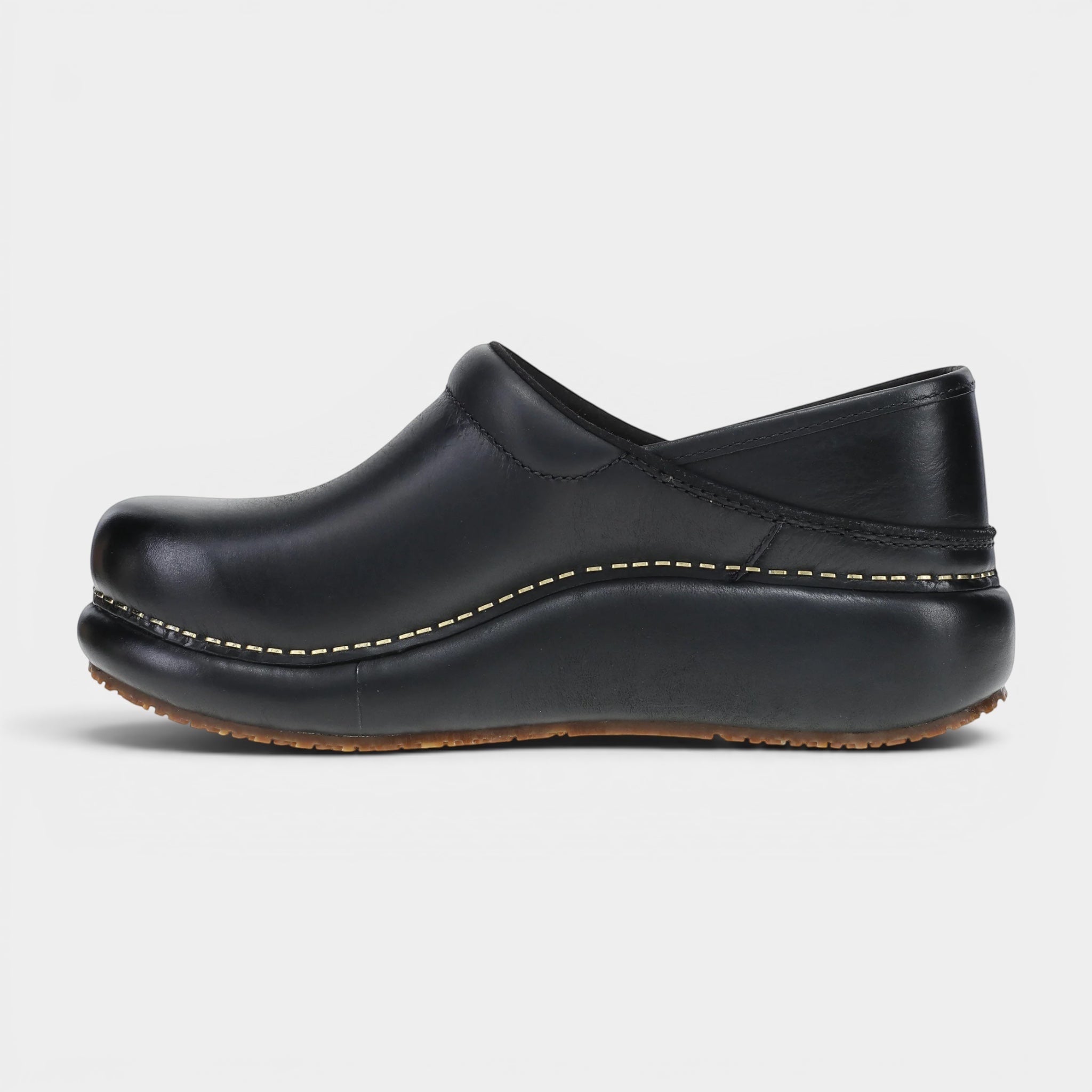 Read's Uniforms PlatformPro Black Burnished Nubuck clog with a thick platform sole and contrast stitching.