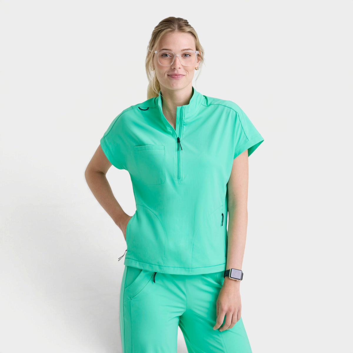 Crystal 3-Pocket Mock Neck Zip-Placket Top | GRST319
