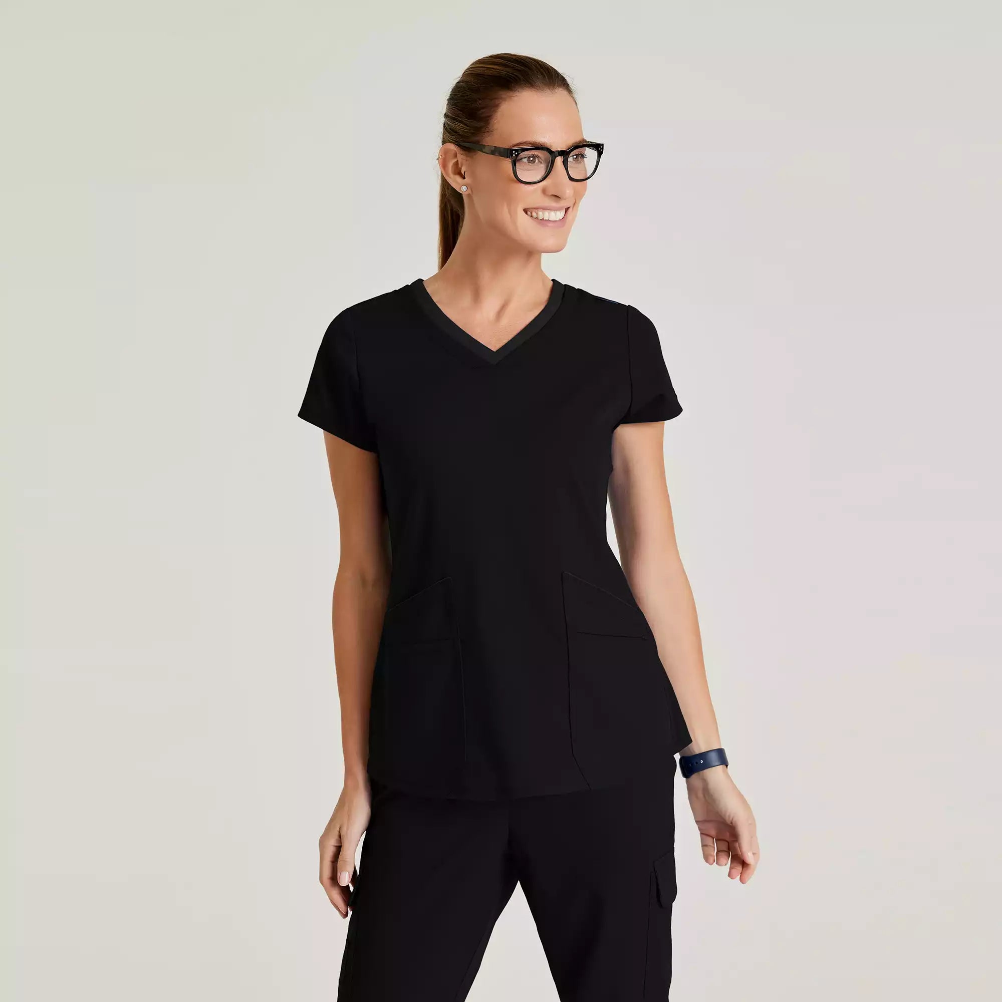 Grey's Anatomy Spandex Stretch Women's 4 Pocket Two-Toned V-neck Top | GRST194