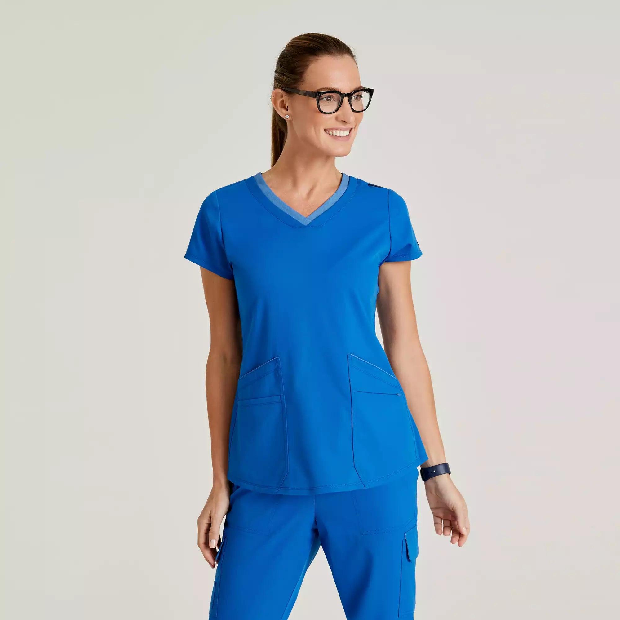 Grey's Anatomy Spandex Stretch Women's 4 Pocket Two-Toned V-neck Top | GRST194