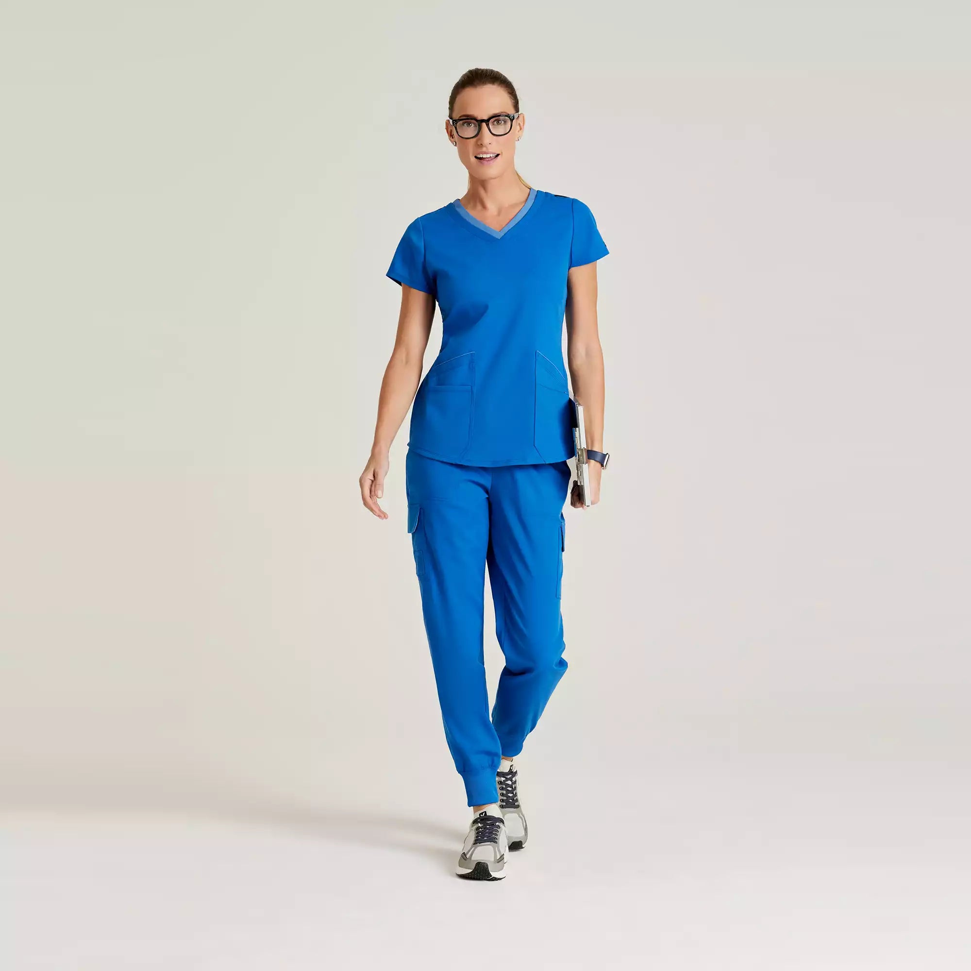 Grey's Anatomy Spandex Stretch Women's 4 Pocket Two-Toned V-neck Top | GRST194