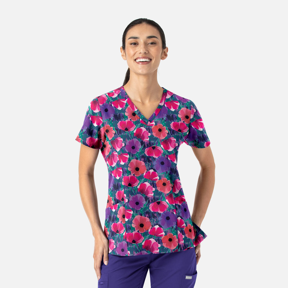 Women's Curved V-Neck Print Top Autumn Bloom | 1797-ATBL