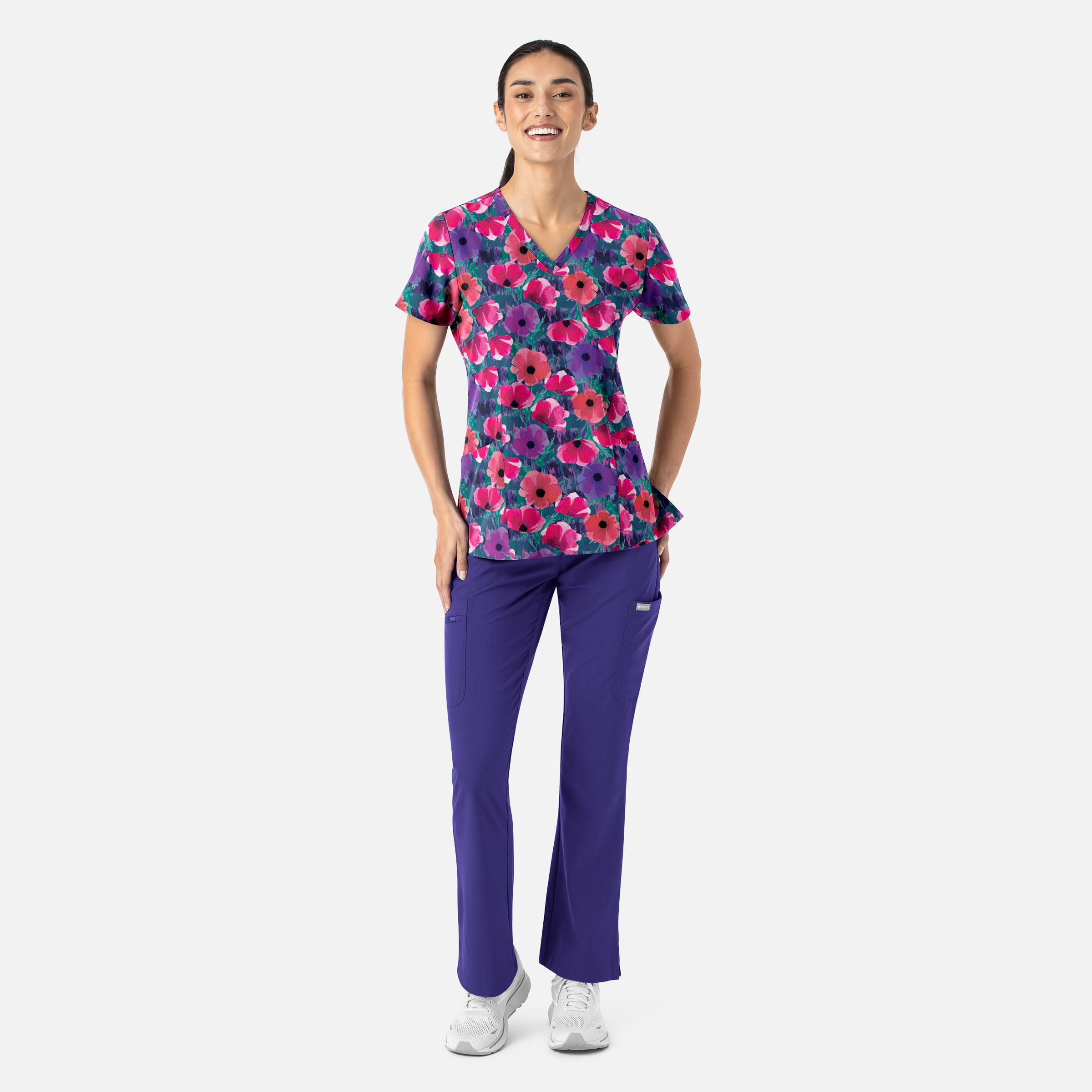 Women's Curved V-Neck Print Top Autumn Bloom | 1797-ATBL
