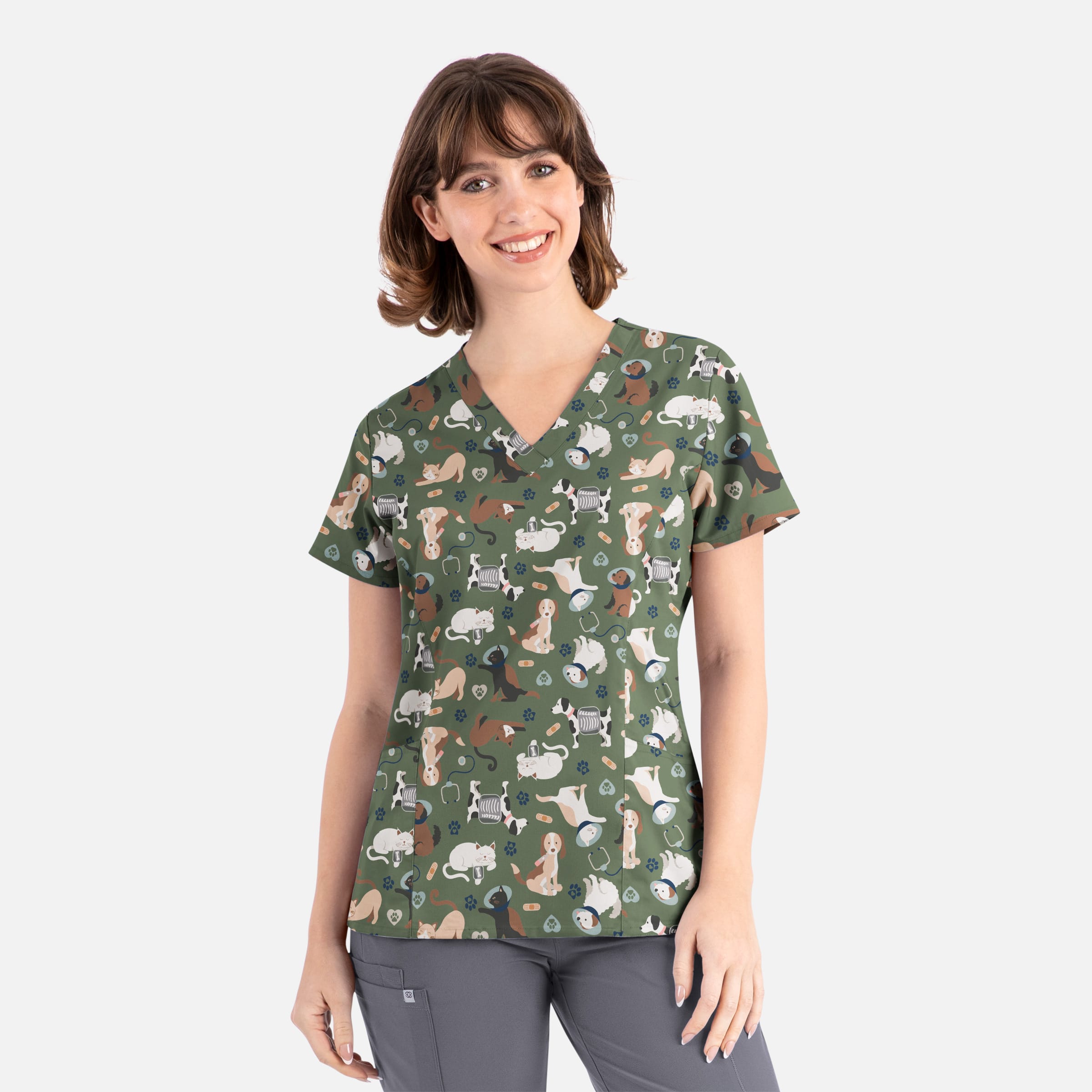 Women's Curved V-Neck Print Top Cuddly Checkup | 1797-CUDD