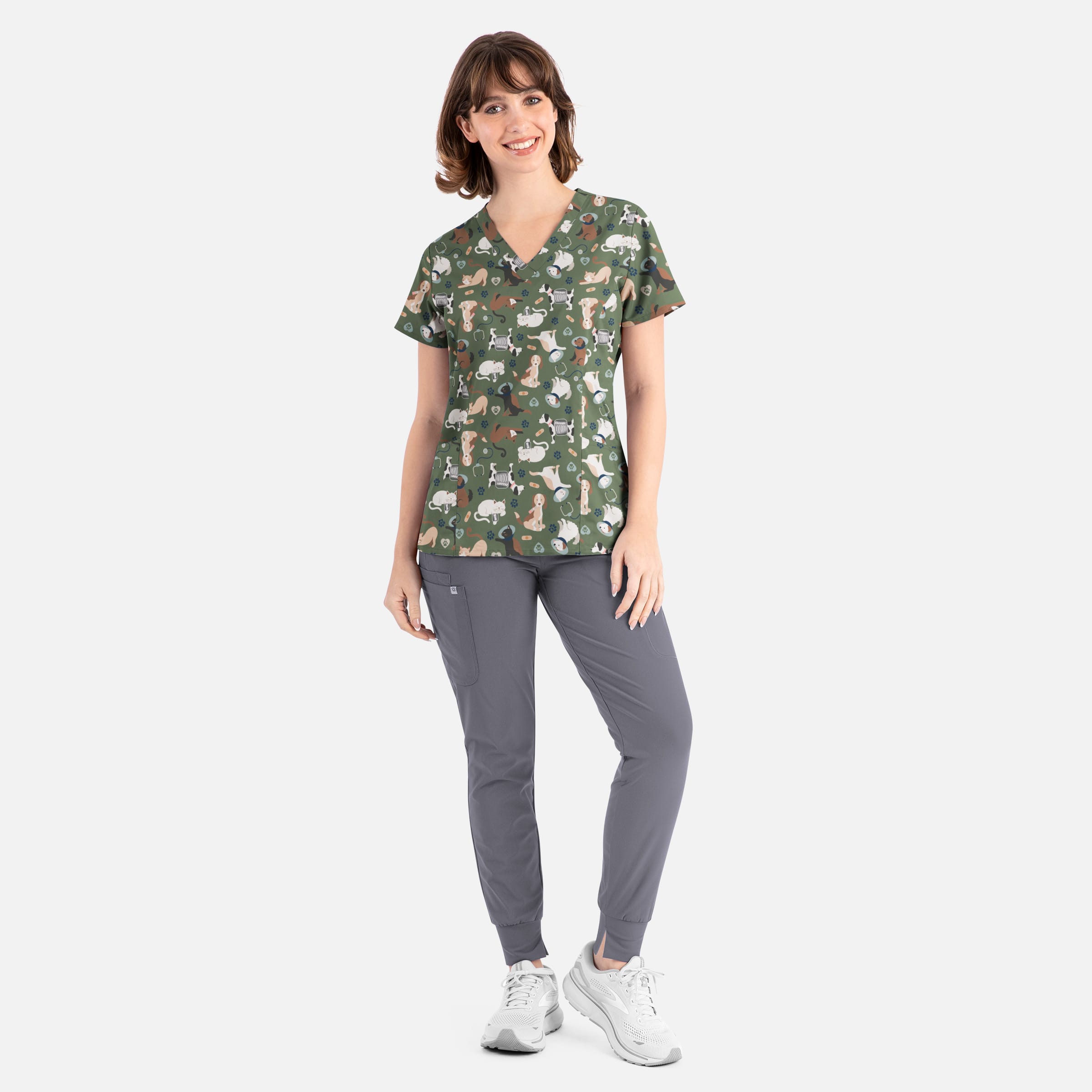 Women's Curved V-Neck Print Top Cuddly Checkup | 1797-CUDD