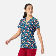 Women's Curved V-Neck Print Top Festive Sips | 1797-FTSP