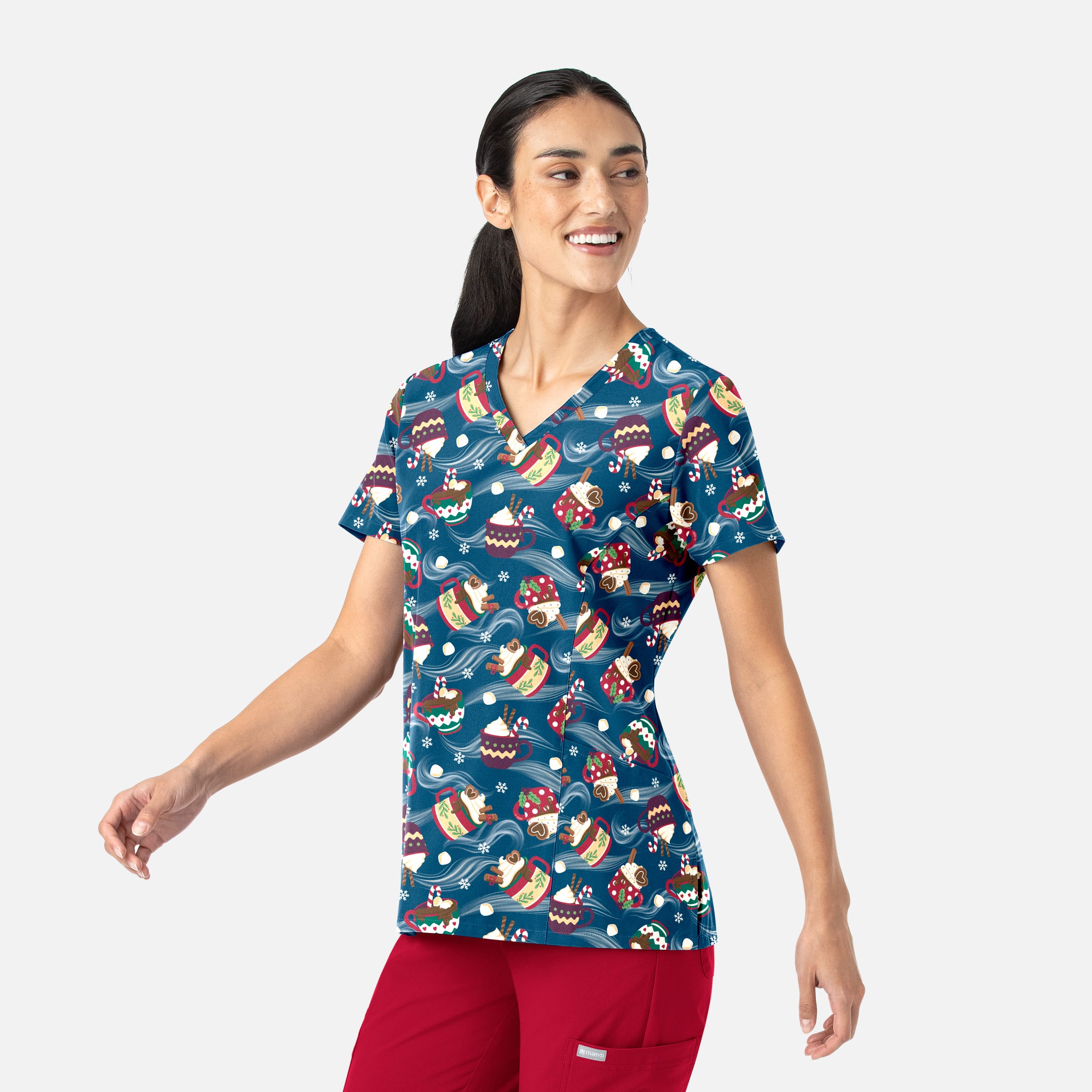 Women's Curved V-Neck Print Top Festive Sips | 1797-FTSP