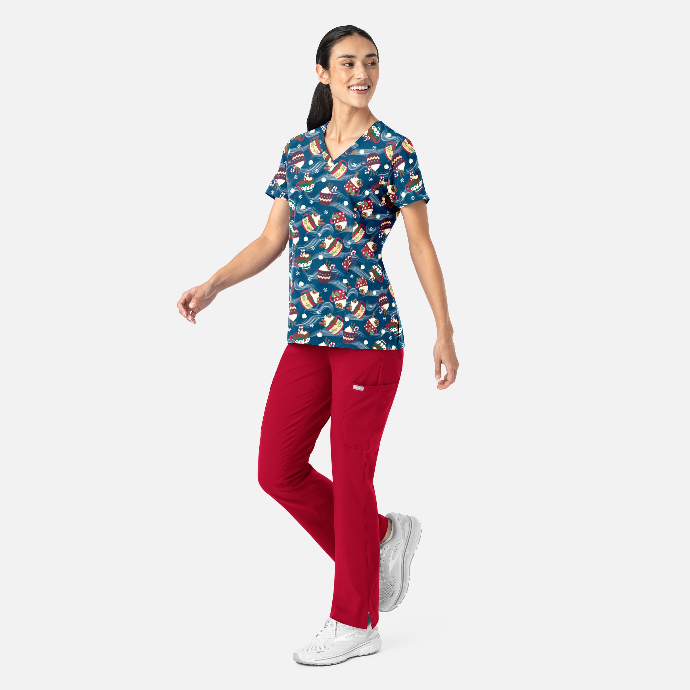Women's Curved V-Neck Print Top Festive Sips | 1797-FTSP