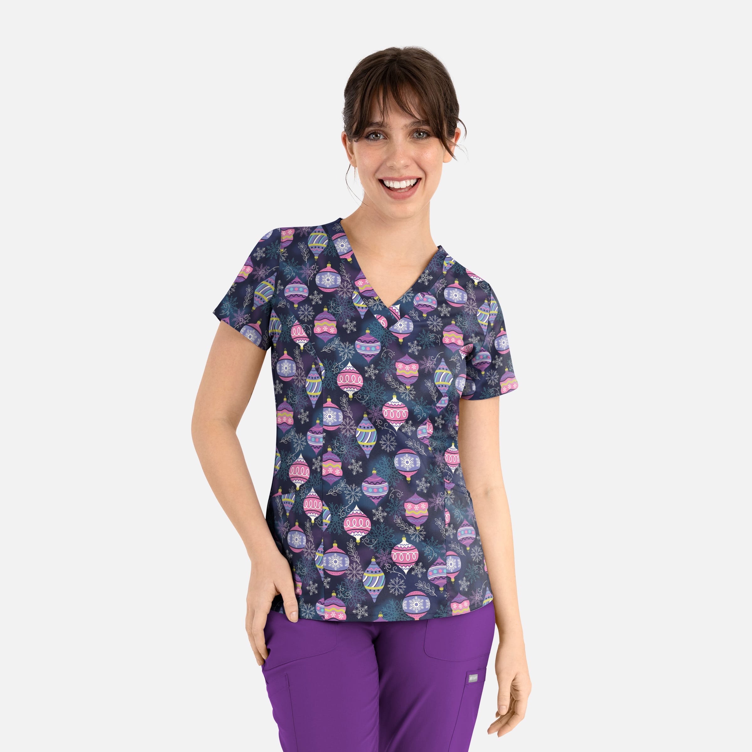 Women's Curved V-Neck Print Top Frosted Ornaments | 1797-FROT