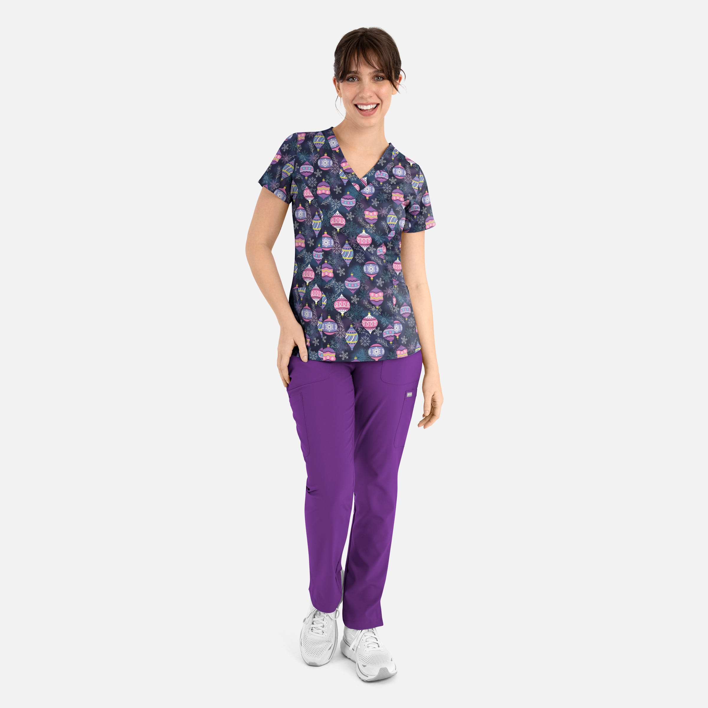 Women's Curved V-Neck Print Top Frosted Ornaments | 1797-FROT