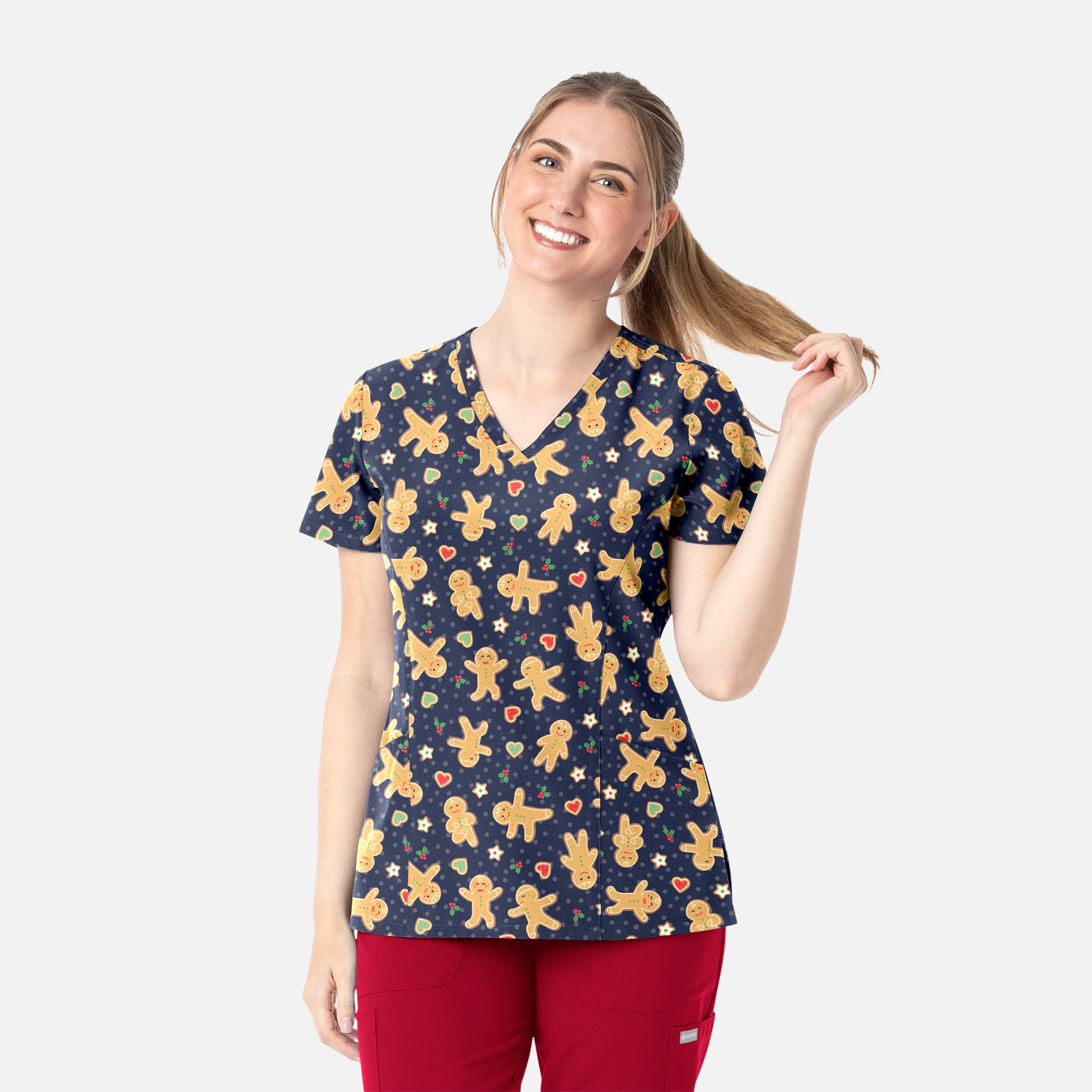 Women's Curved V-Neck Print Top Gingerbread Zen | 1797-GNZN