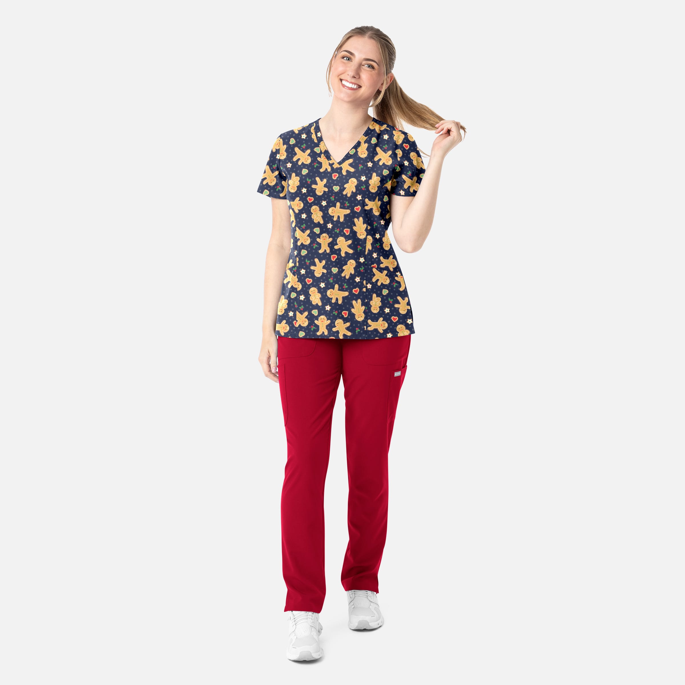 Women's Curved V-Neck Print Top Gingerbread Zen | 1797-GNZN