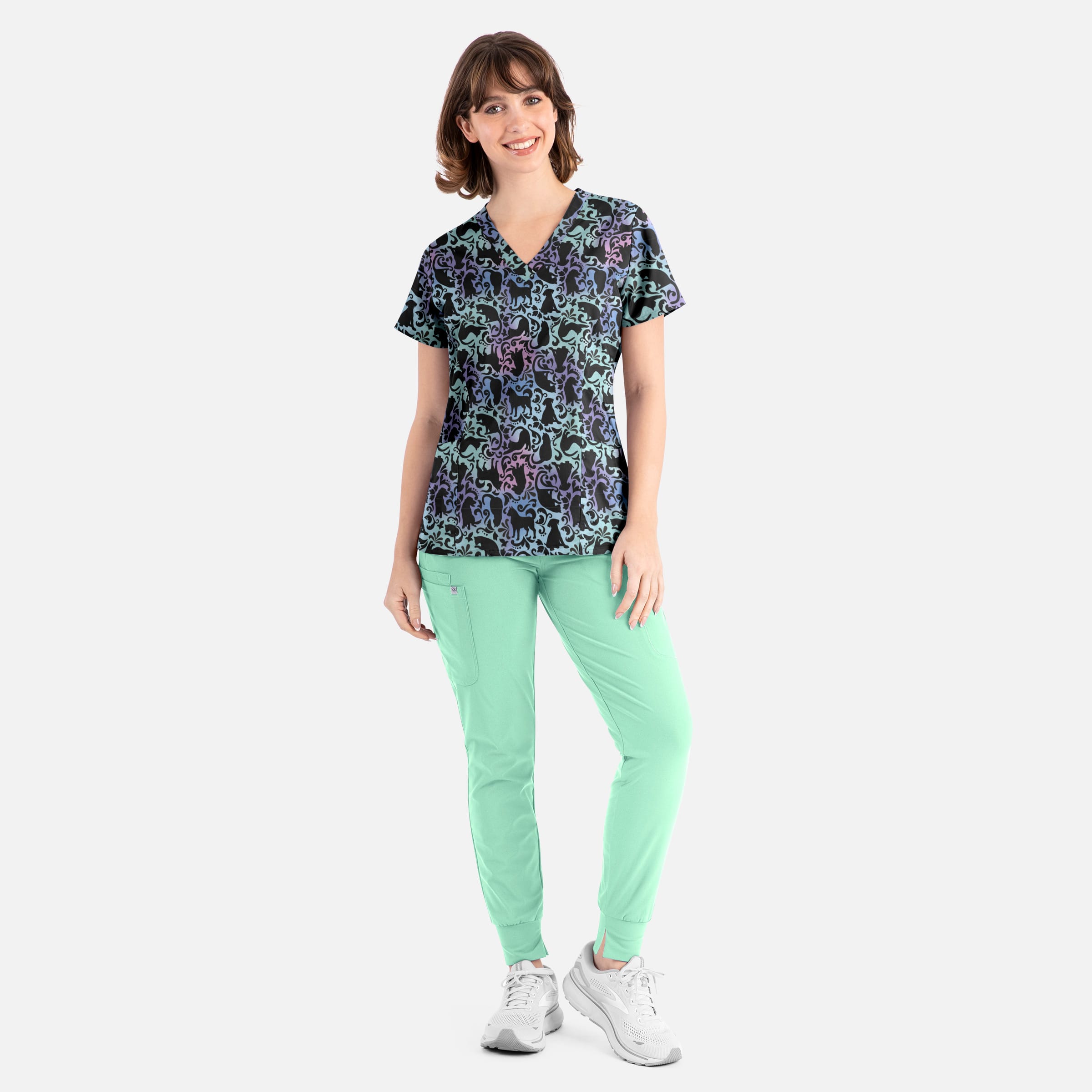 Women's Curved V-Neck Print Top Love in every Paw | 1797-LIEP