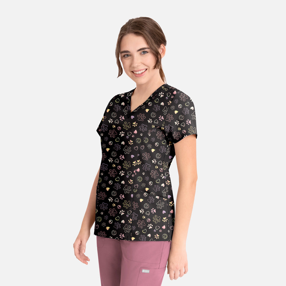 Women's Curved V-Neck Print Top Peace Love Paws | 1797-PLPW