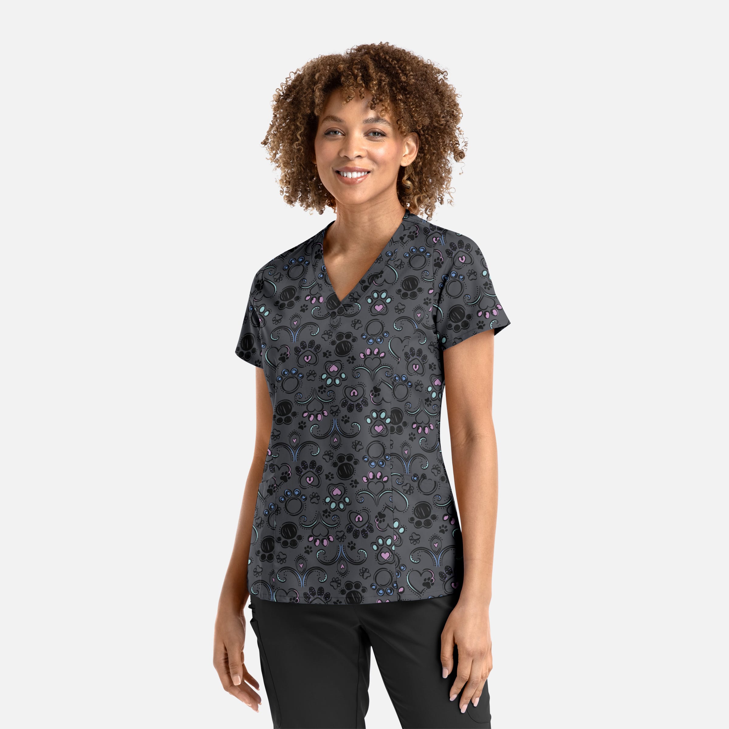 Women's Curved V-Neck Print Top Regal Paws | 1797-RPAW