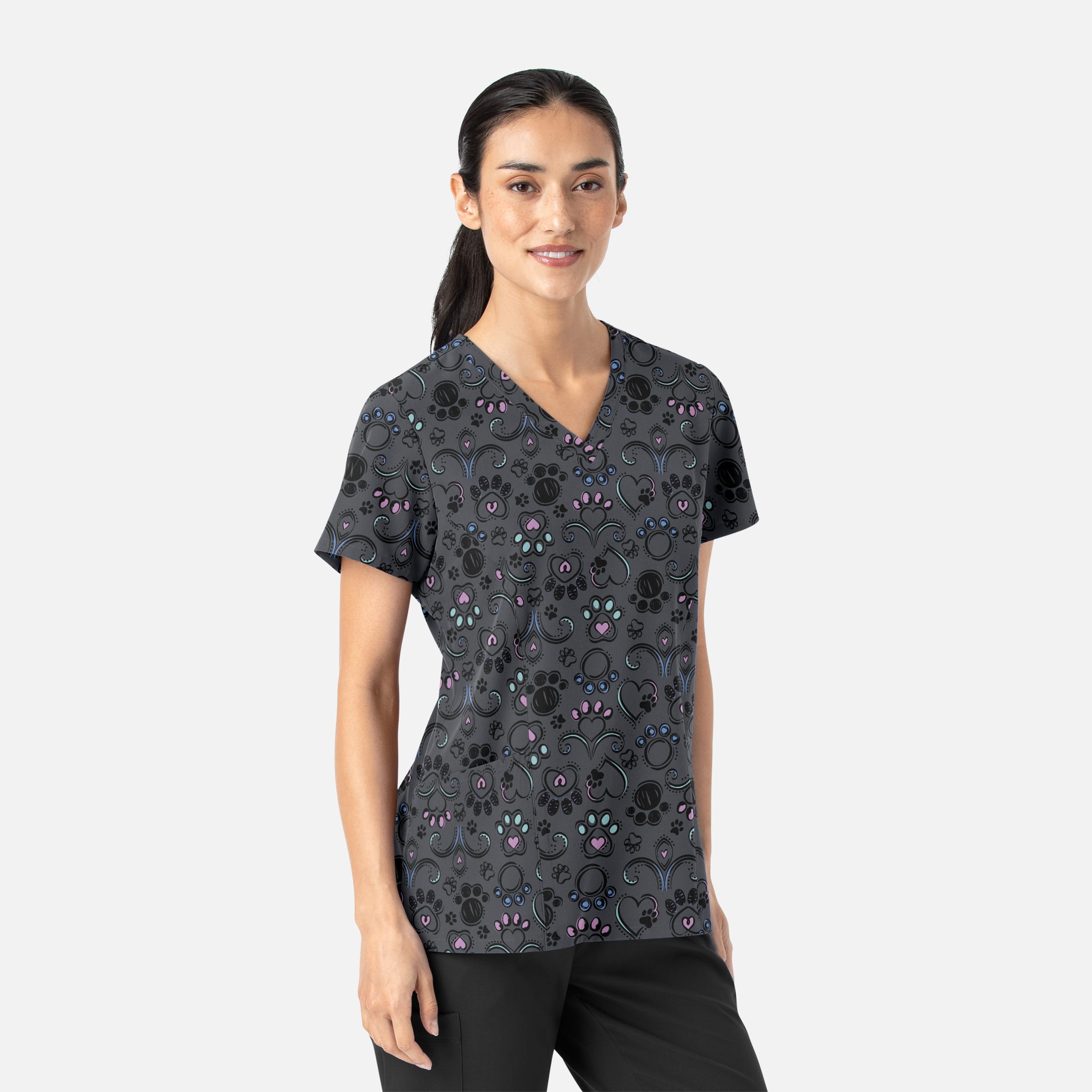 Women's Curved V-Neck Print Top Regal Paws | 1797-RPAW