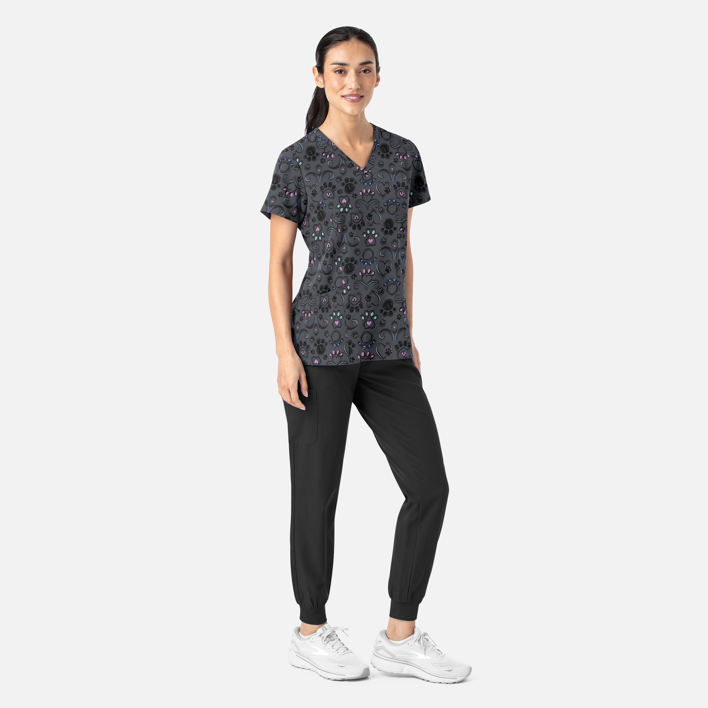 Women's Curved V-Neck Print Top Regal Paws | 1797-RPAW
