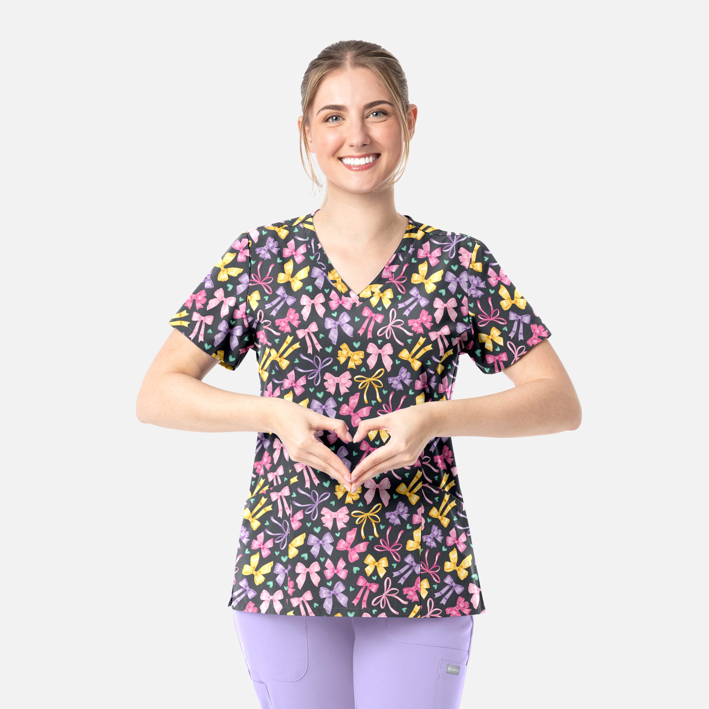 Women's Curved V-Neck Print Top Ribbons of hope (PEW) | 1797-RBOH