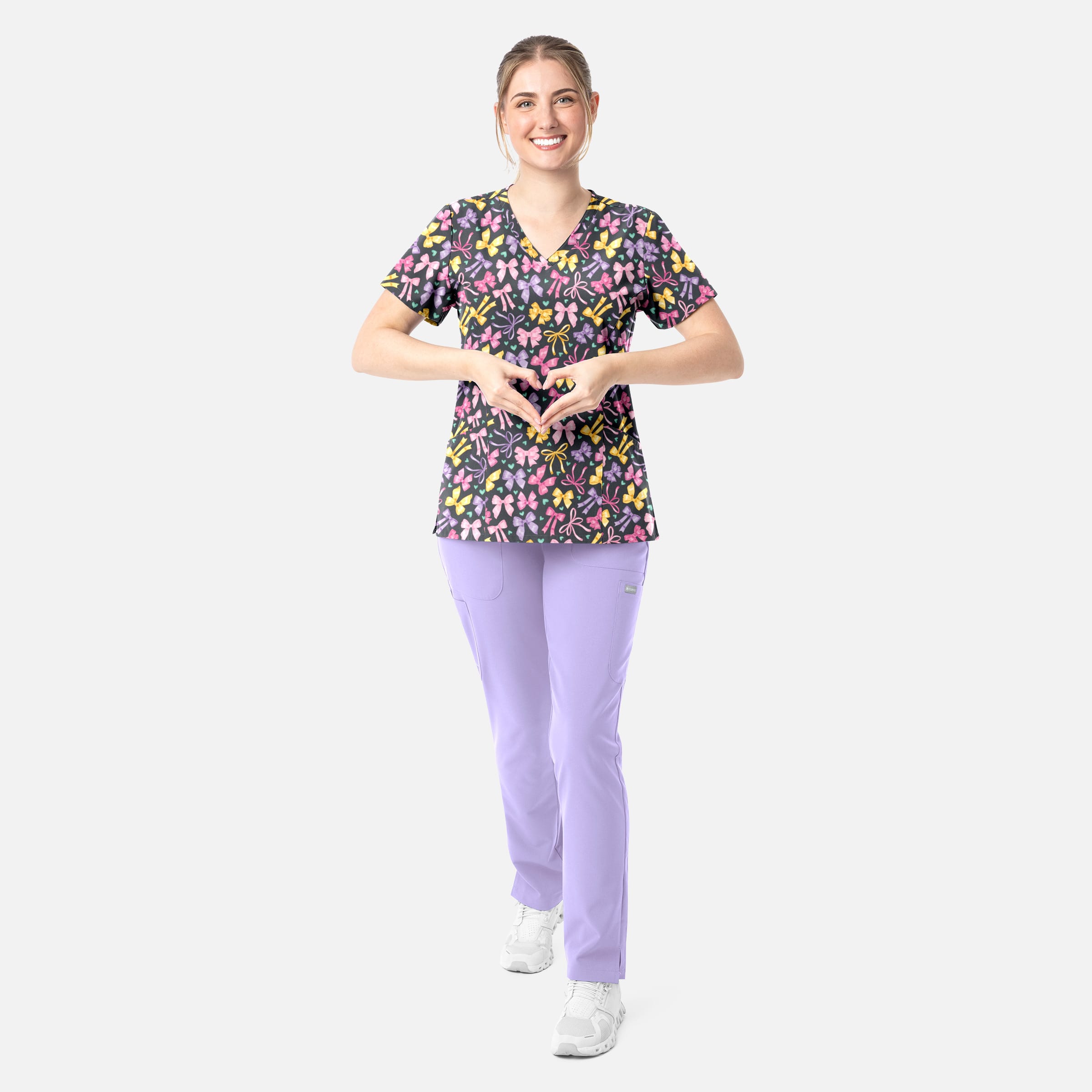 Women's Curved V-Neck Print Top Ribbons of hope (PEW) | 1797-RBOH