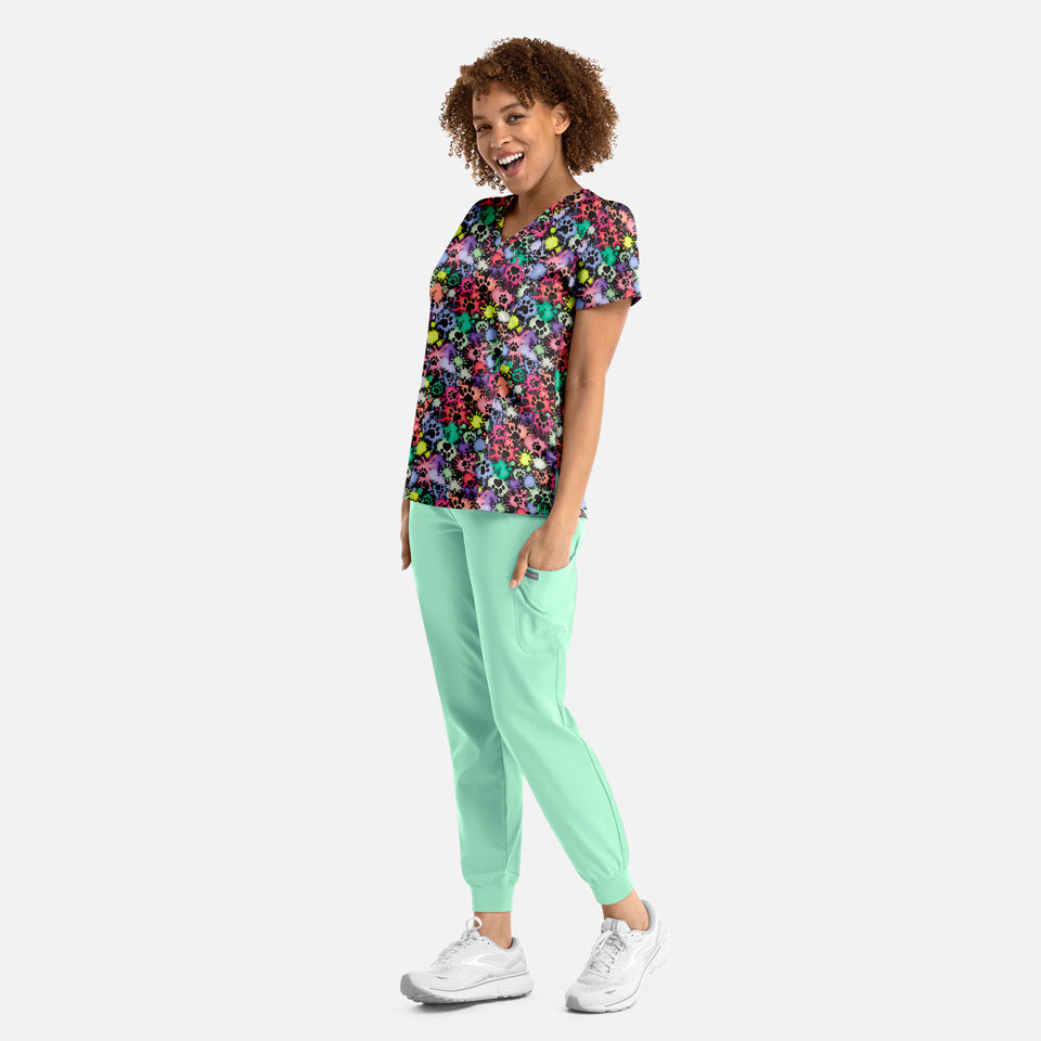 Women's Curved V-Neck Print Top Splatter Paws | 1797-SPPW