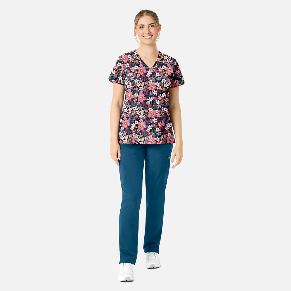 Women's Curved V-Neck Print Top Tropical Bloom | 1797-TPBL
