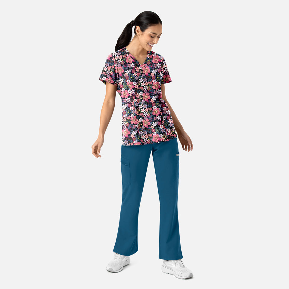 Women's Curved V-Neck Print Top Tropical Bloom | 1797-TPBL