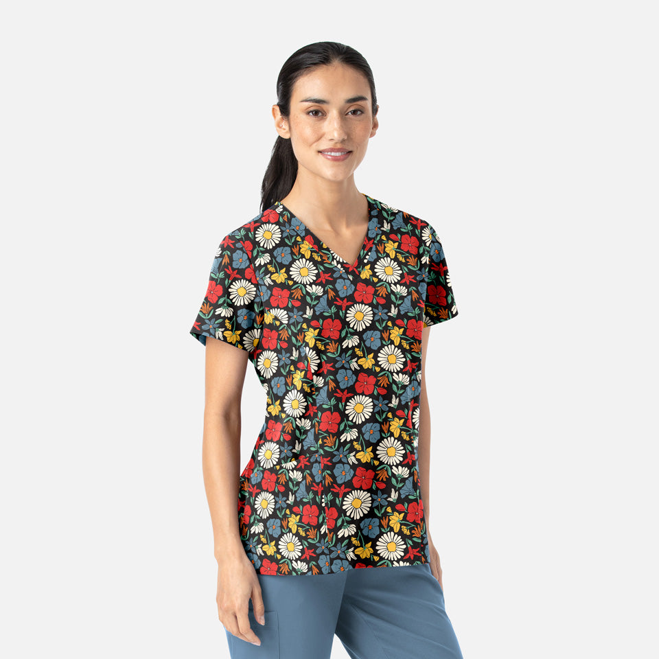 Women's Curved V-Neck Print Top Wildflower Pop | 1797-WDFP