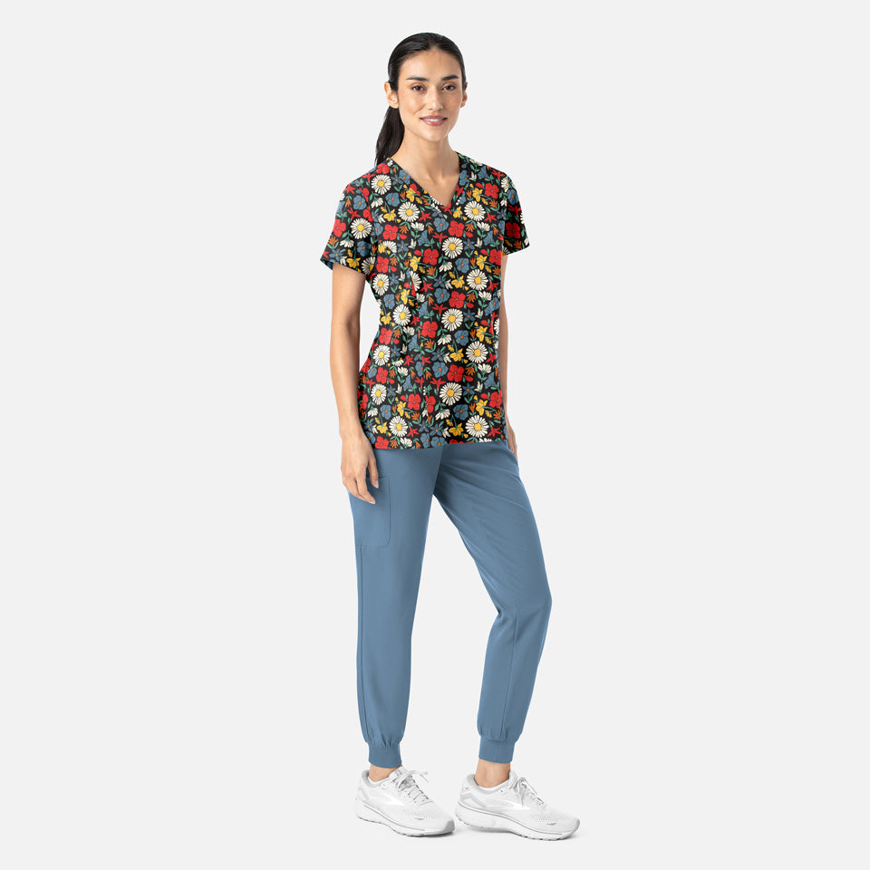 Women's Curved V-Neck Print Top Wildflower Pop | 1797-WDFP