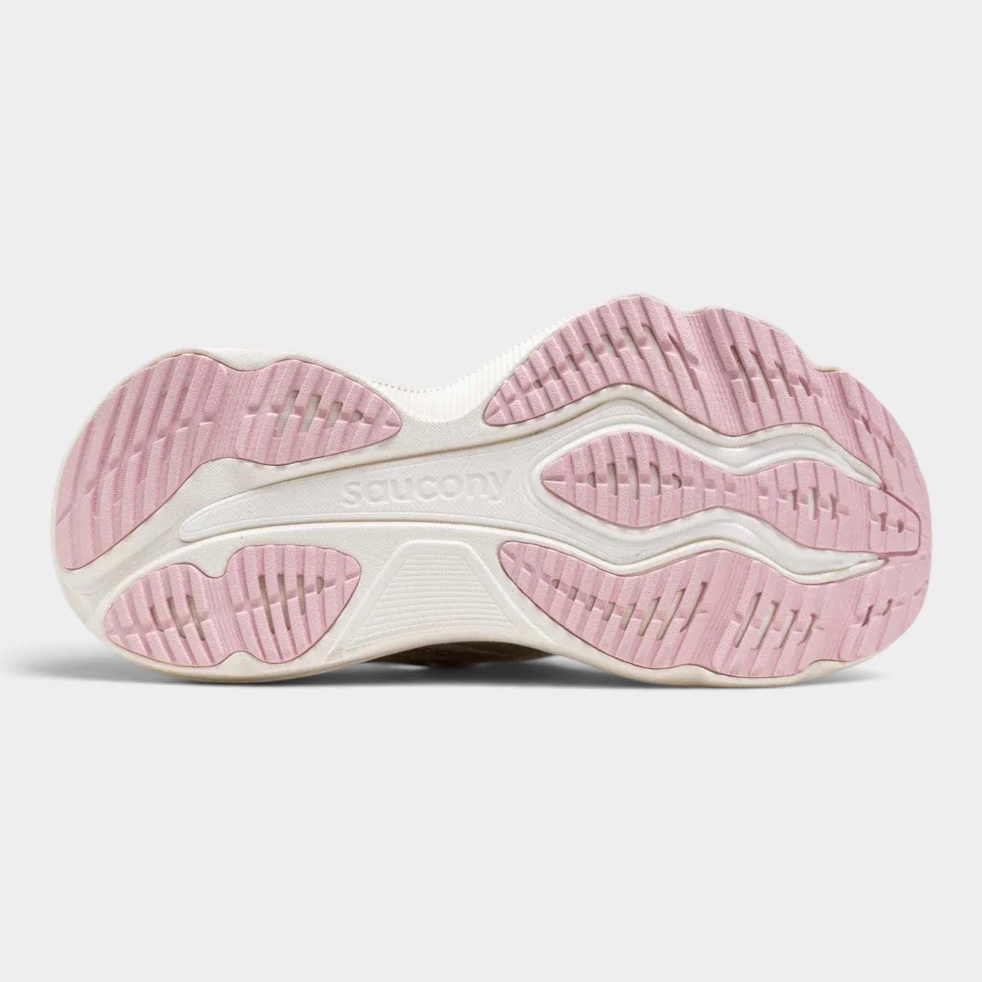 The outsole of a Saucony sneaker, showing a pink and off-white tread pattern on a light gray background.