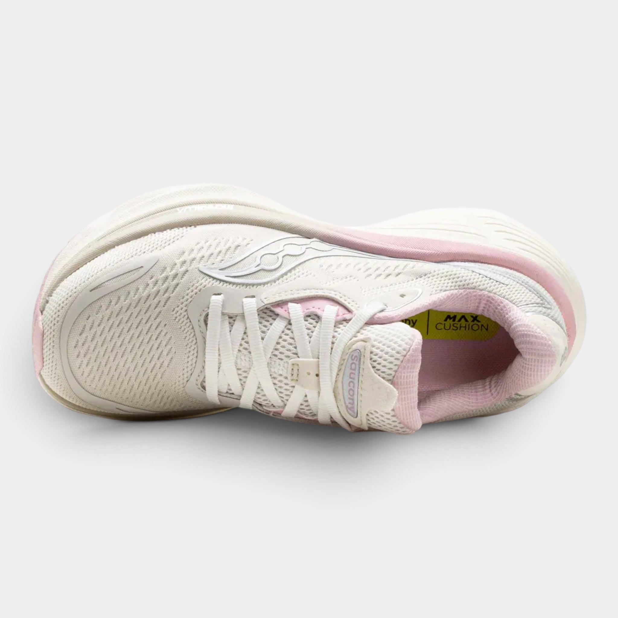 A white athletic sneaker with light pink accents on the collar, lining, and midsole, shown from a side profile view on a light gray background.