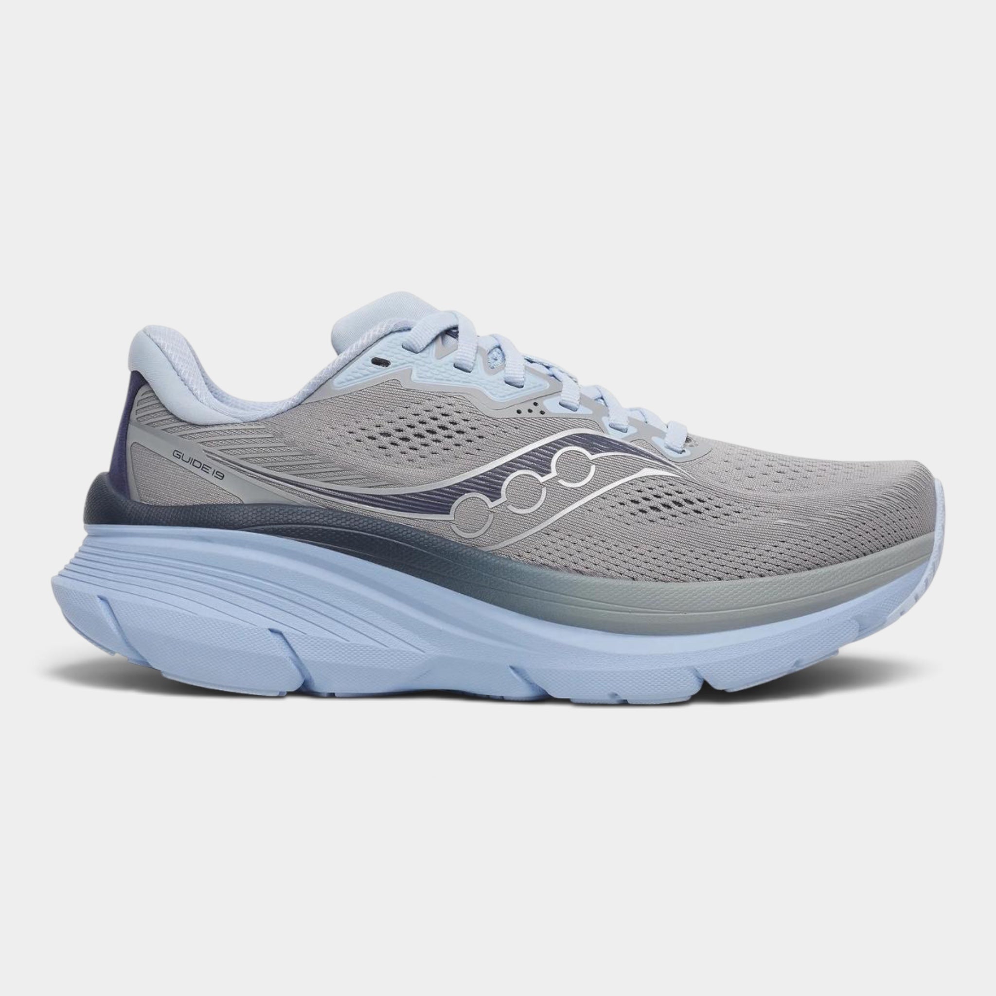 A Saucony running shoe in light gray and light blue, shown from a side profile view against a light gray background.