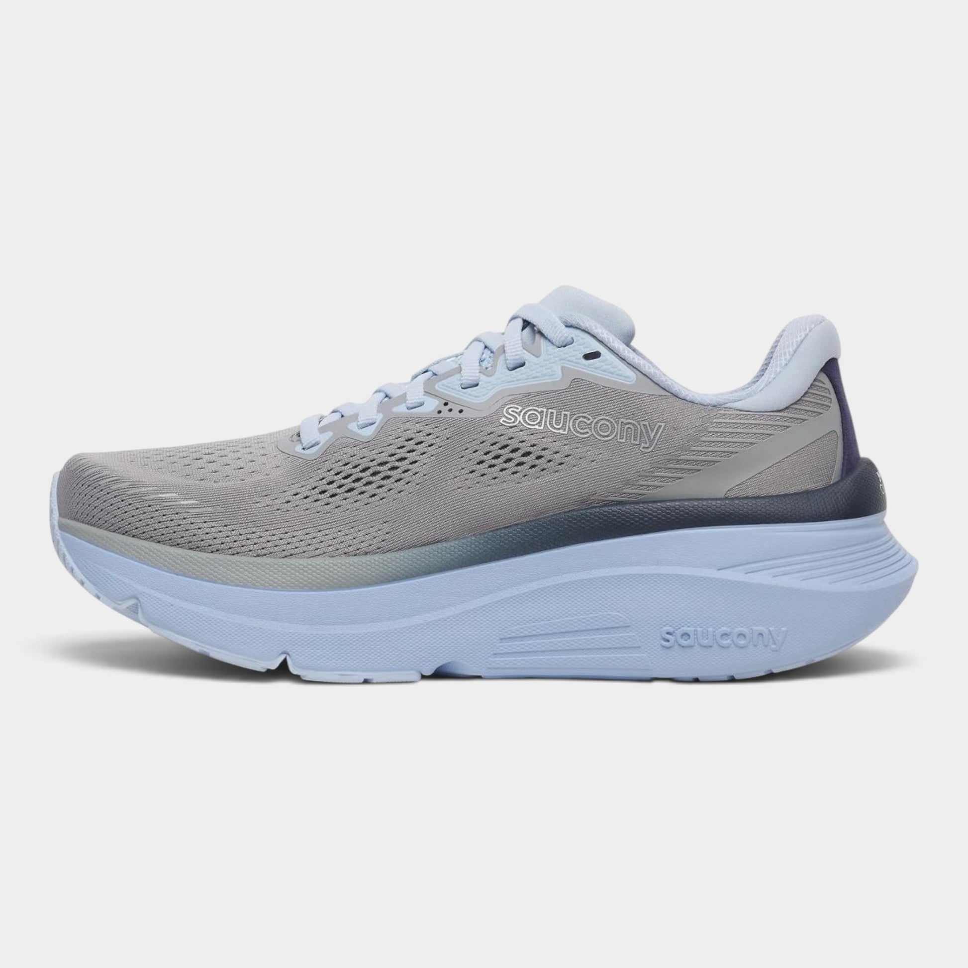 A light gray and light blue Saucony running shoe shown from the side against a light gray background.