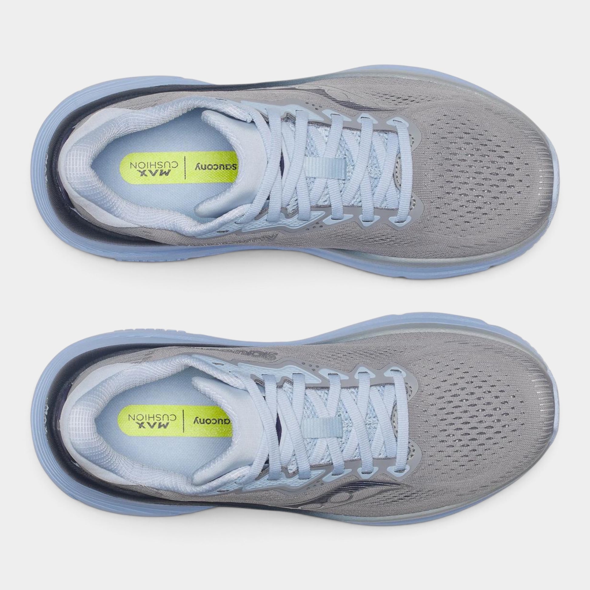 A pair of Saucony running shoes shown from a top-down view, featuring a light gray mesh upper, light blue laces and midsole, and a bright yellow Saucony cushion logo on the insole.