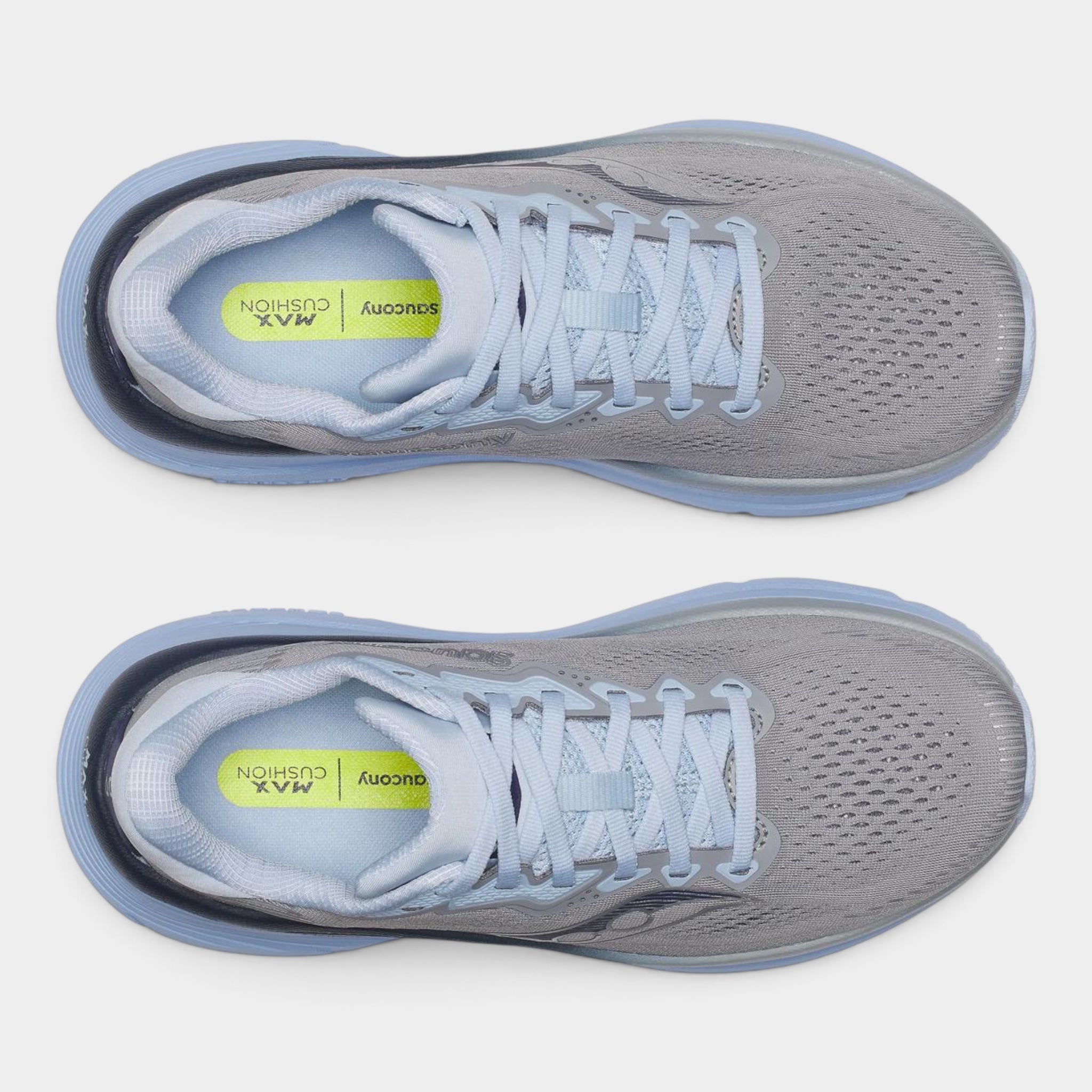 A pair of Saucony running shoes shown from a top-down view, featuring a light gray mesh upper, light blue laces and midsole, and a bright yellow Saucony cushion logo on the insole.