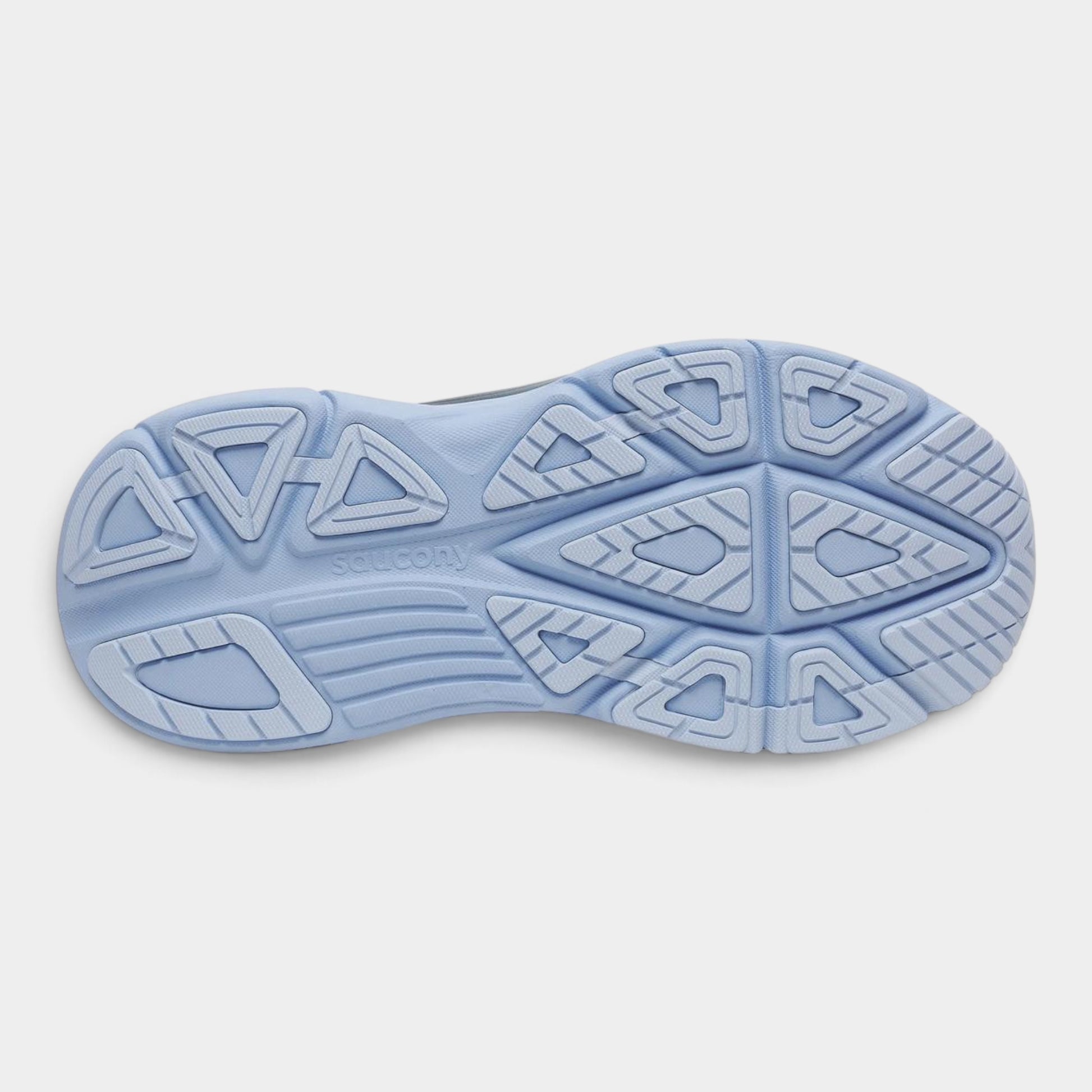 The light blue outsole of a Saucony shoe, showing its textured tread pattern, photographed from a top-down view on a light gray background.