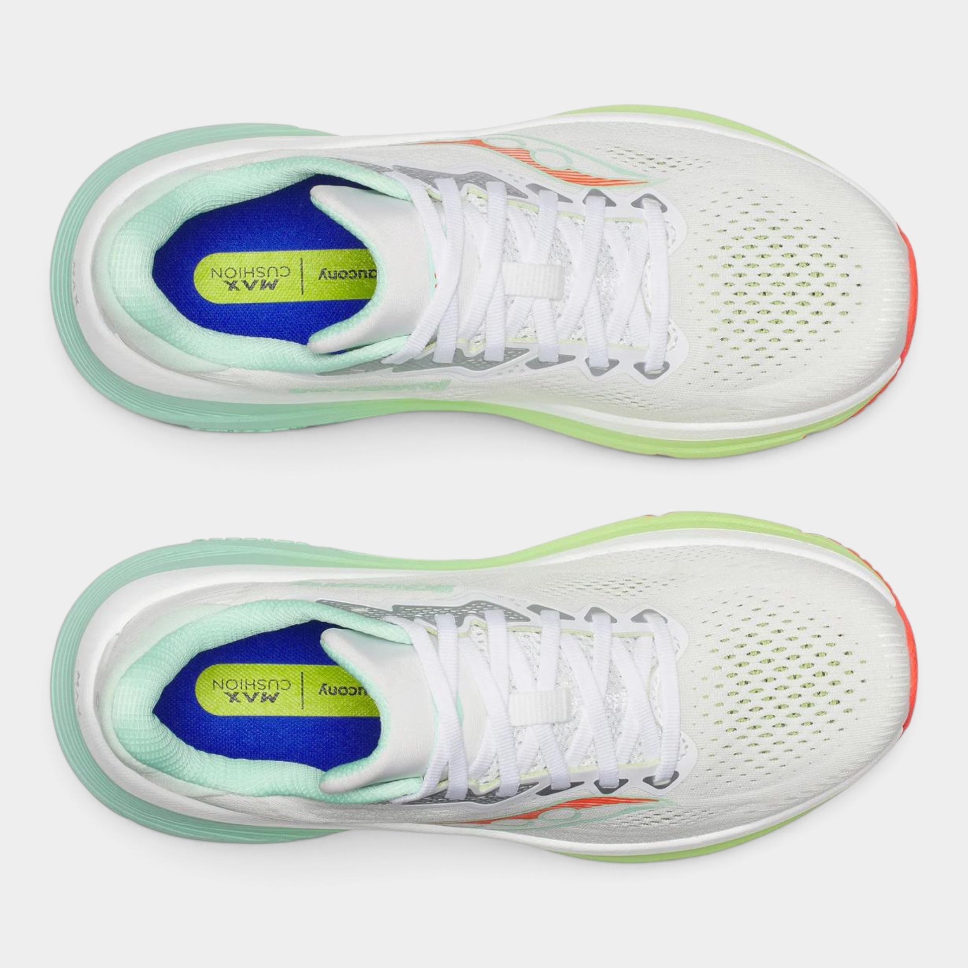 A pair of white athletic sneakers shown from a top-down view, featuring a white mesh upper, white laces, a mint green midsole, a blue and yellow interior lining, and a small orange accent near the heel.