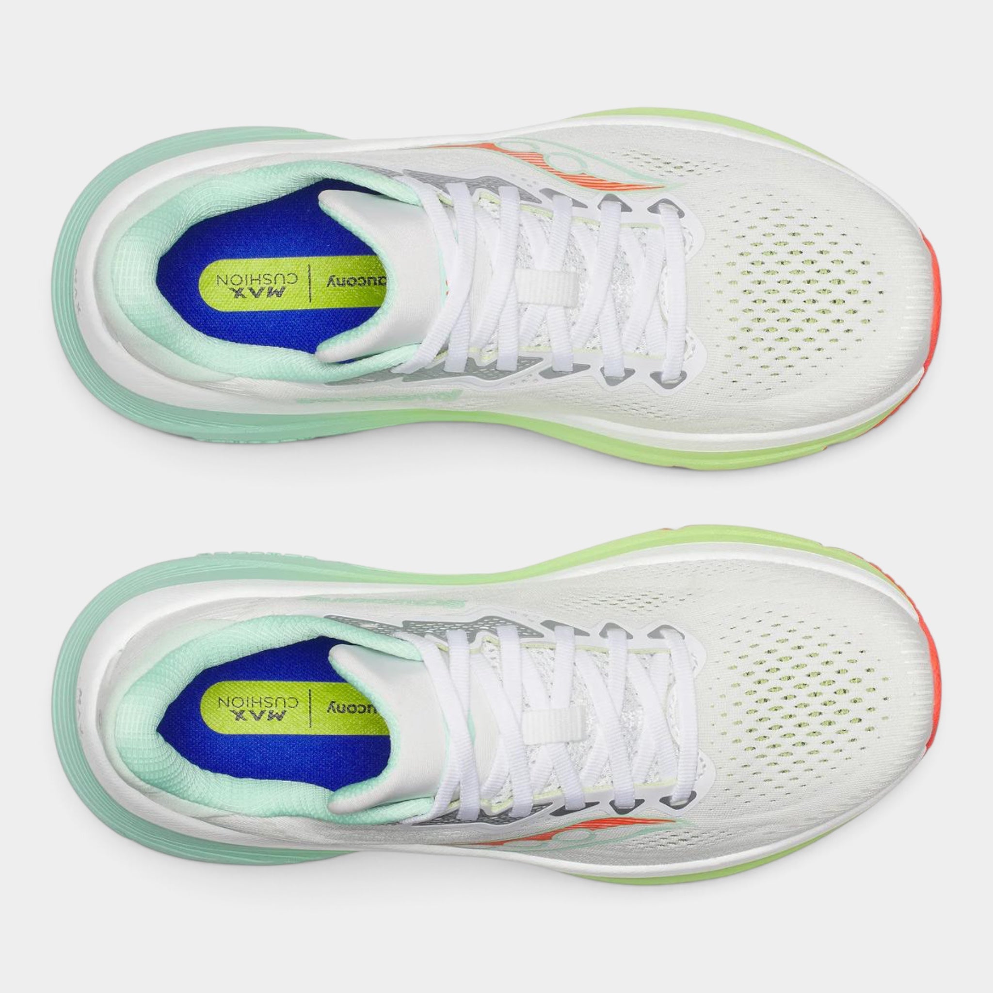 A pair of white athletic sneakers shown from a top-down view, featuring a white mesh upper, white laces, a mint green midsole, a blue and yellow interior lining, and a small orange accent near the heel.