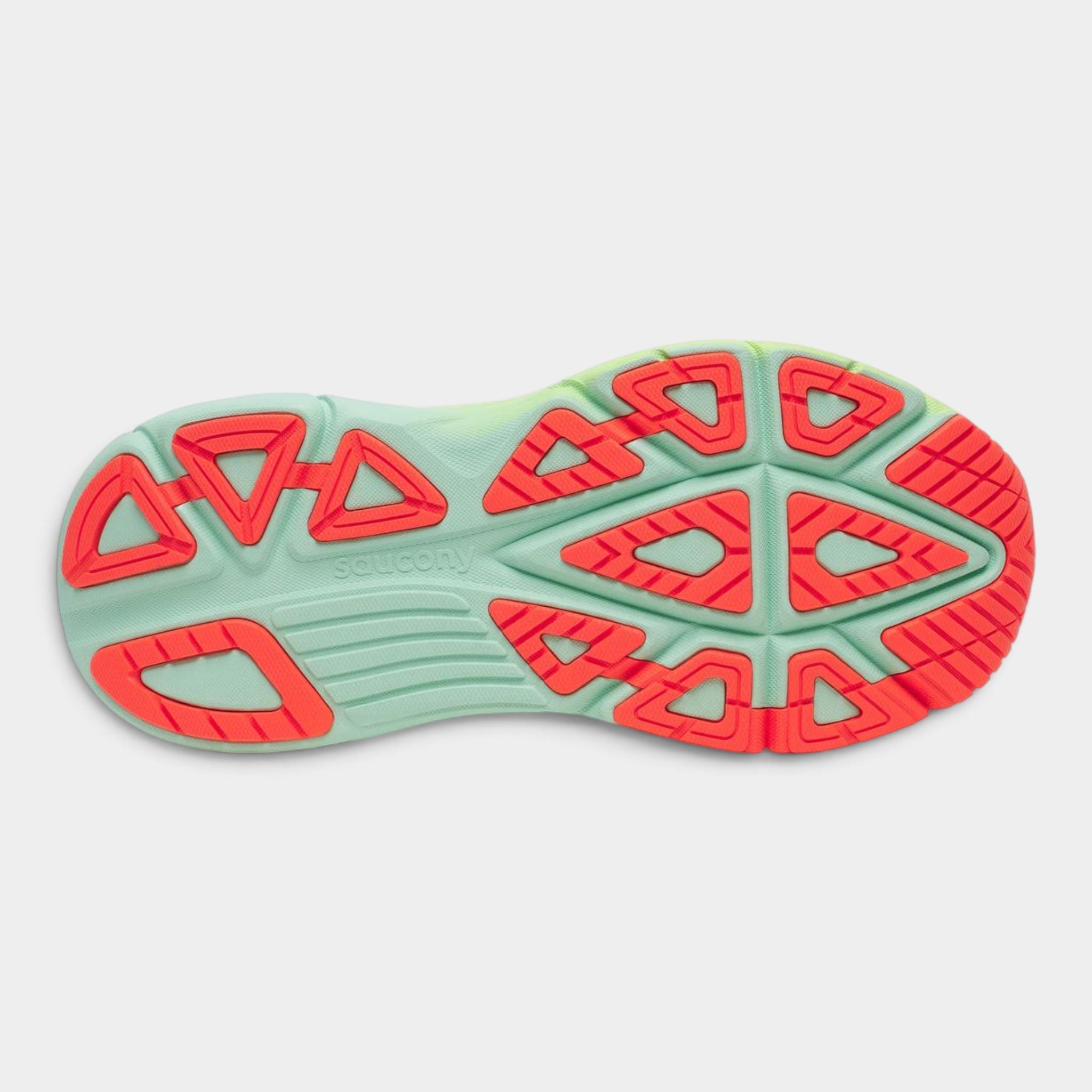 The outsole of a Salomon shoe, featuring a mint green base with bright red geometric tread patterns, shown on a light gray background.