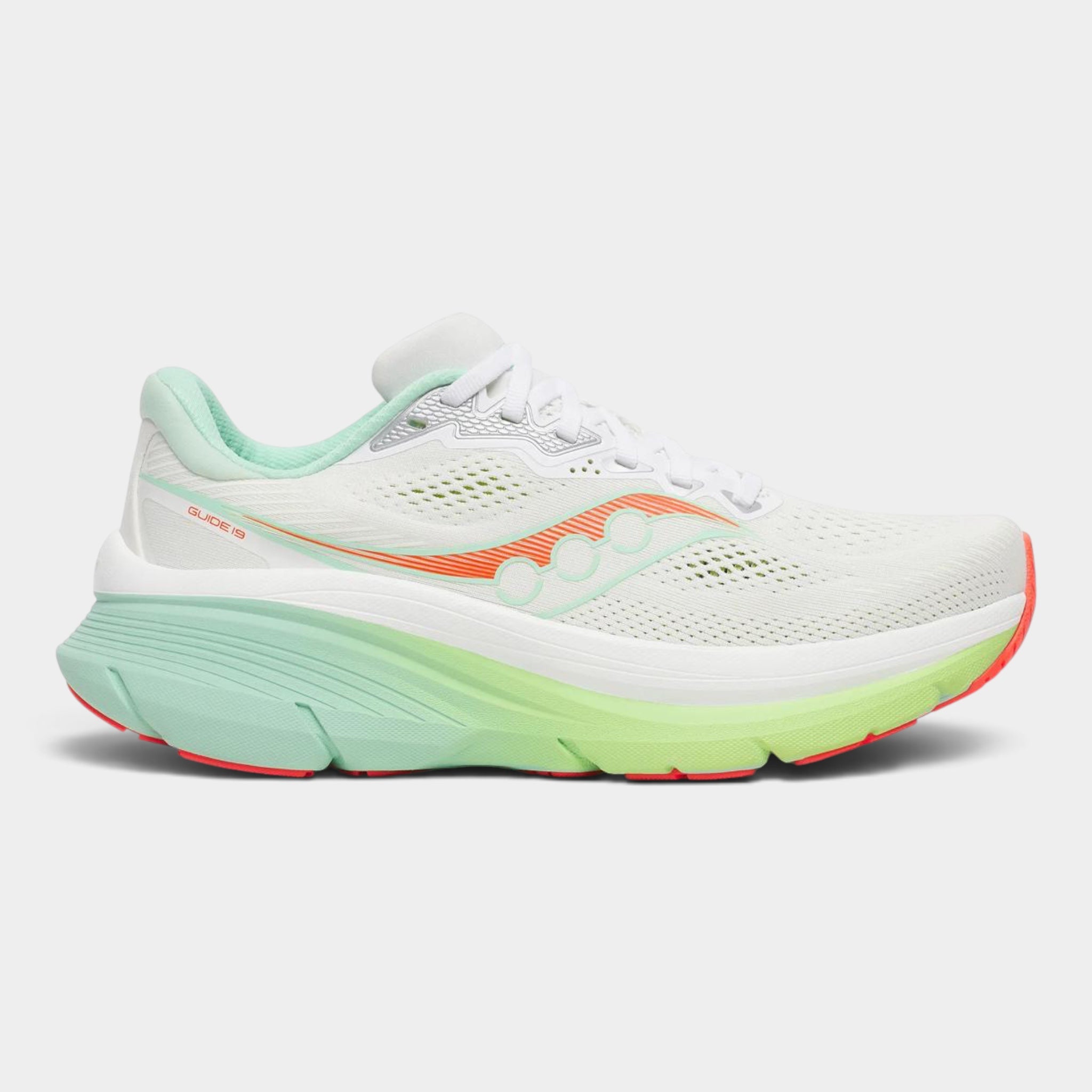 A Saucony running shoe in white with mint green and neon orange accents, shown from the side profile against a light gray background.