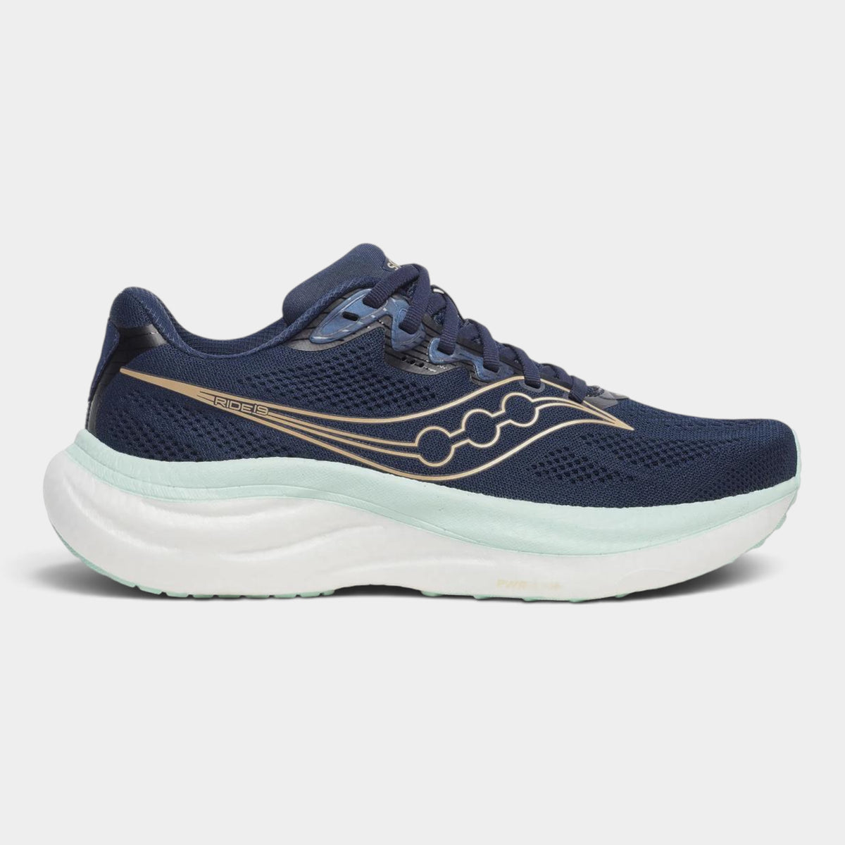 A Saucony running shoe in navy blue with a gold logo, a thick white midsole, and a light mint green outsole, shown from a side profile on a light gray background.