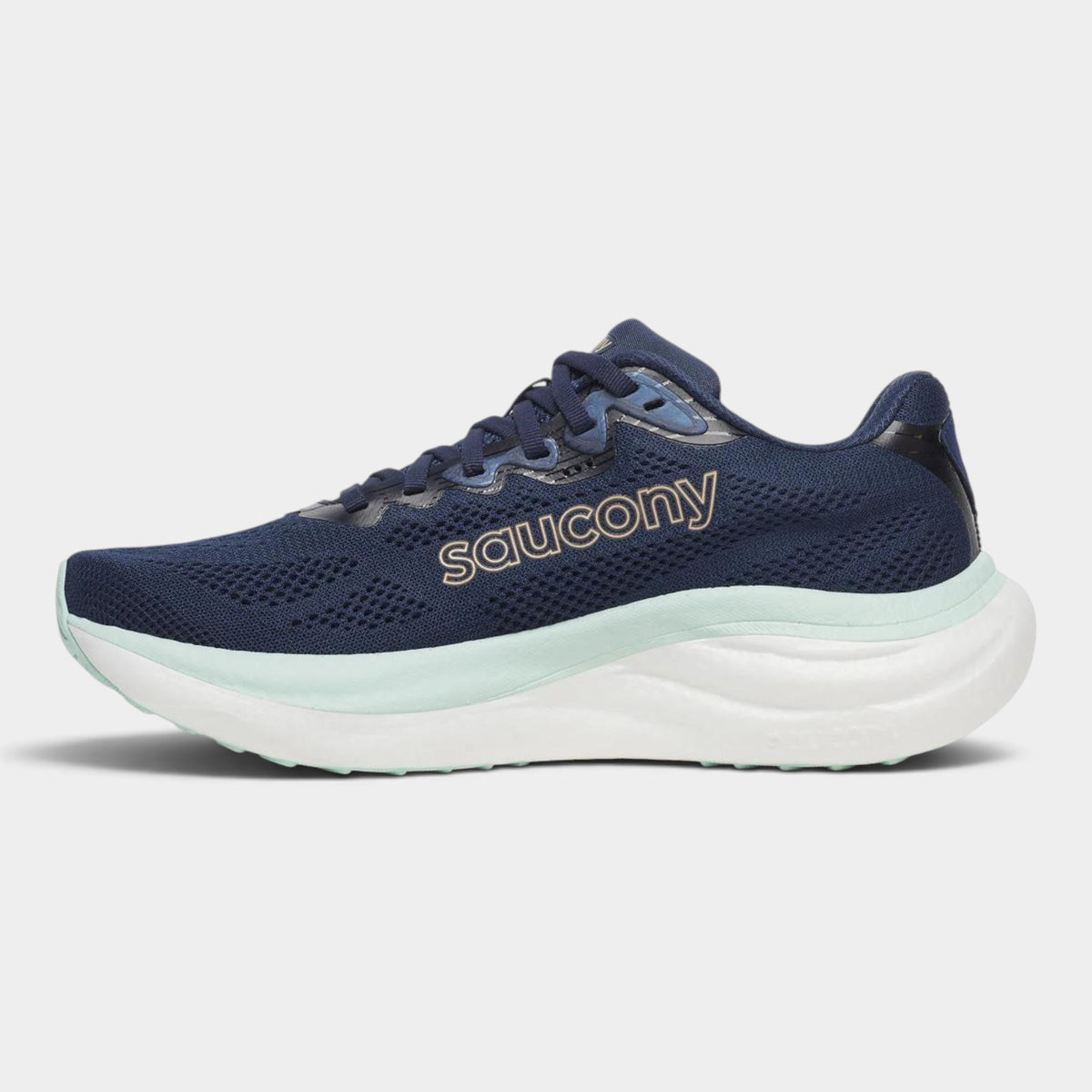 A Saucony athletic shoe in navy blue with a light blue and white midsole, featuring gold 'saucony' branding on the side, set against a light gray background.