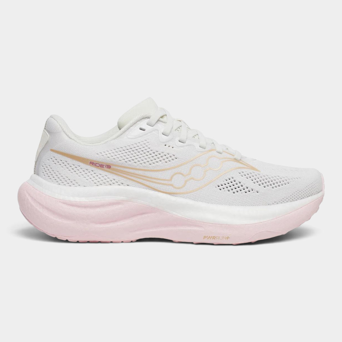 A Saucony running shoe in white and light pink, featuring a white mesh upper with a metallic gold Saucony wave logo and 'SCOE' text, and a thick light pink midsole and outsole, shown against a light gray background.