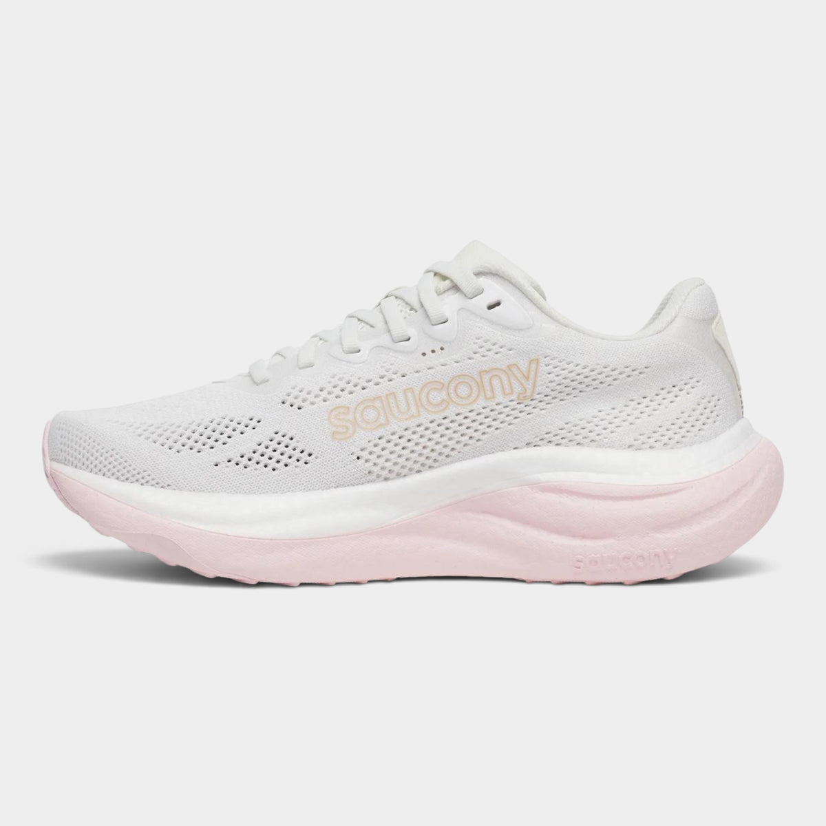 A Saucony running shoe in white mesh with a light pink midsole and a metallic gold 'saucony' logo on the side, shown against a light gray background.
