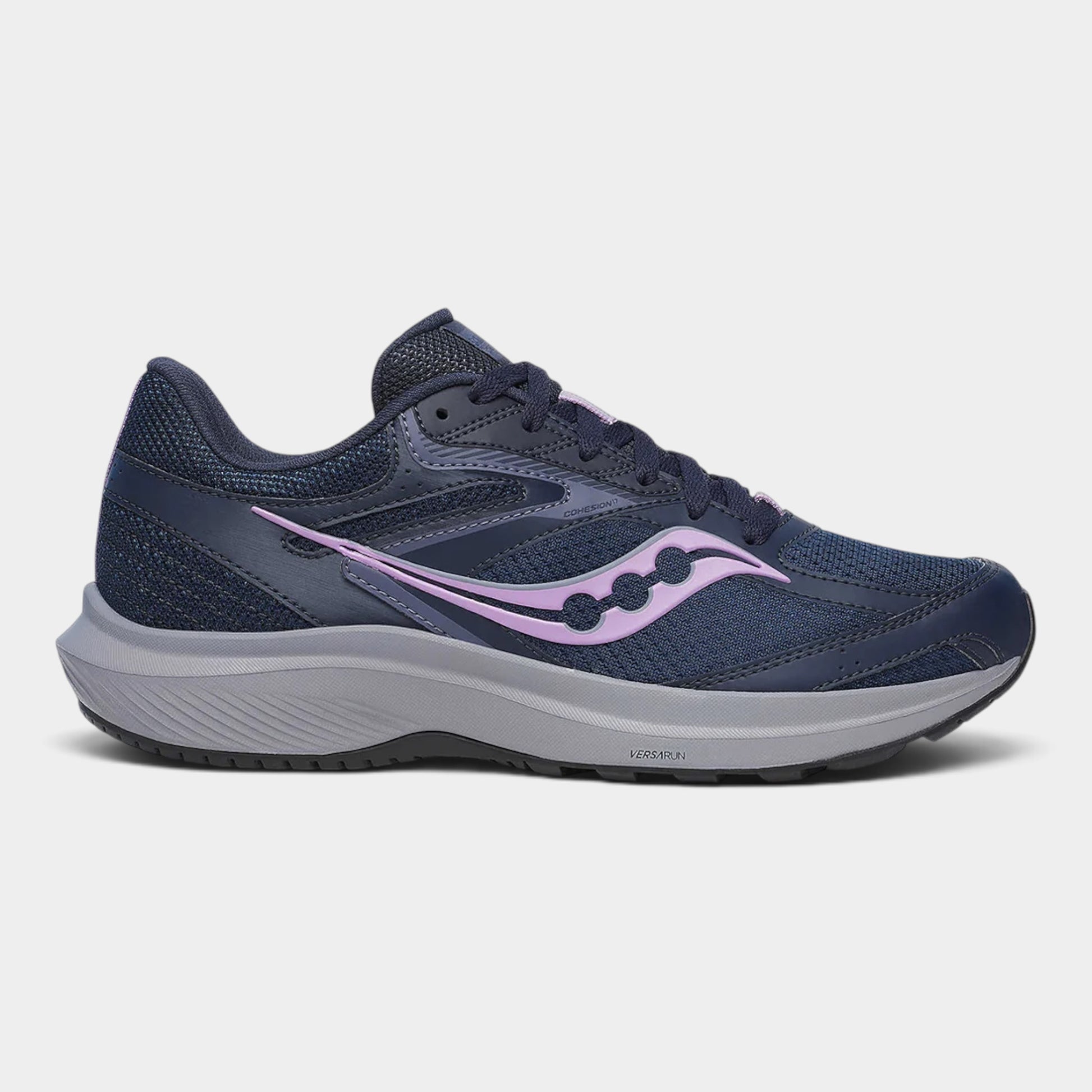 A Saucony running shoe in navy blue with a light purple logo accent and a thick gray midsole, shown from a side profile on a light gray background.