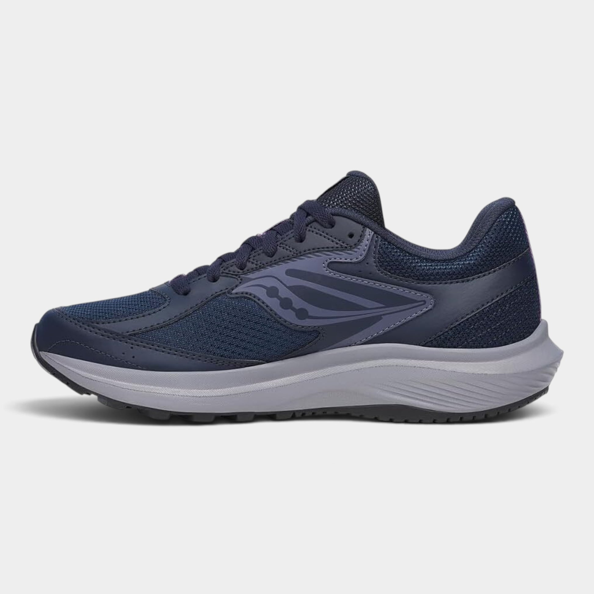 A navy blue Saucony running shoe with a dark gray logo and a light gray midsole, shown from a side profile view on a light gray background.